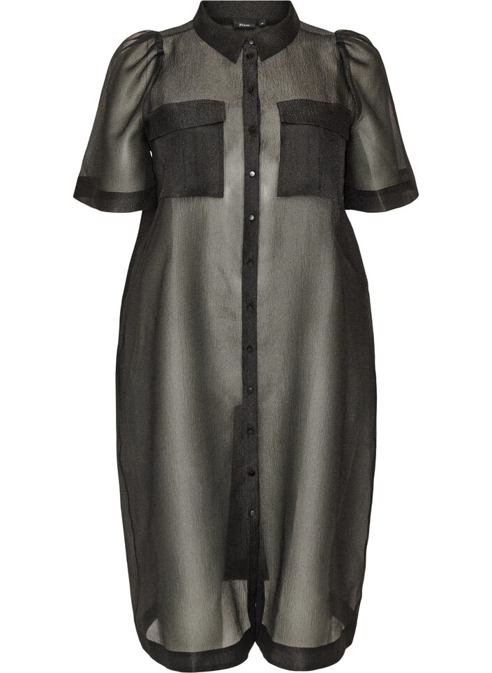 Organza jurk met puffmouwen en borstzakken, Zwart, Packshot image number 0
