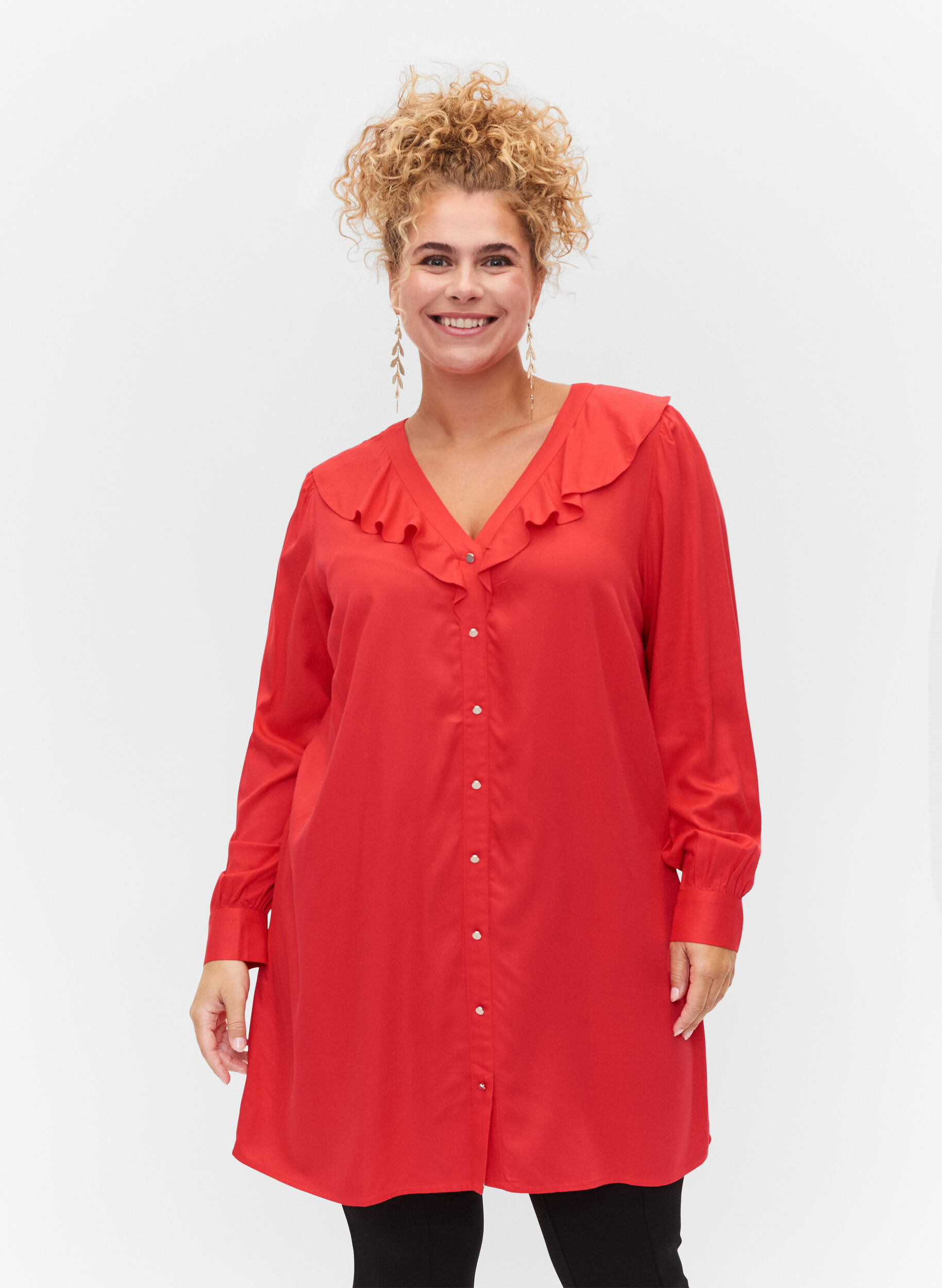 Zizzi Tuniek van viscose met ruchekraag, Hibiscus, Model image number 0