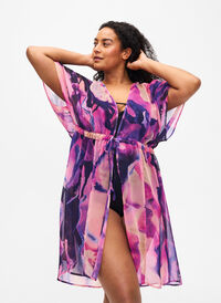 Strand kimono met print., Purple Swirl, Model