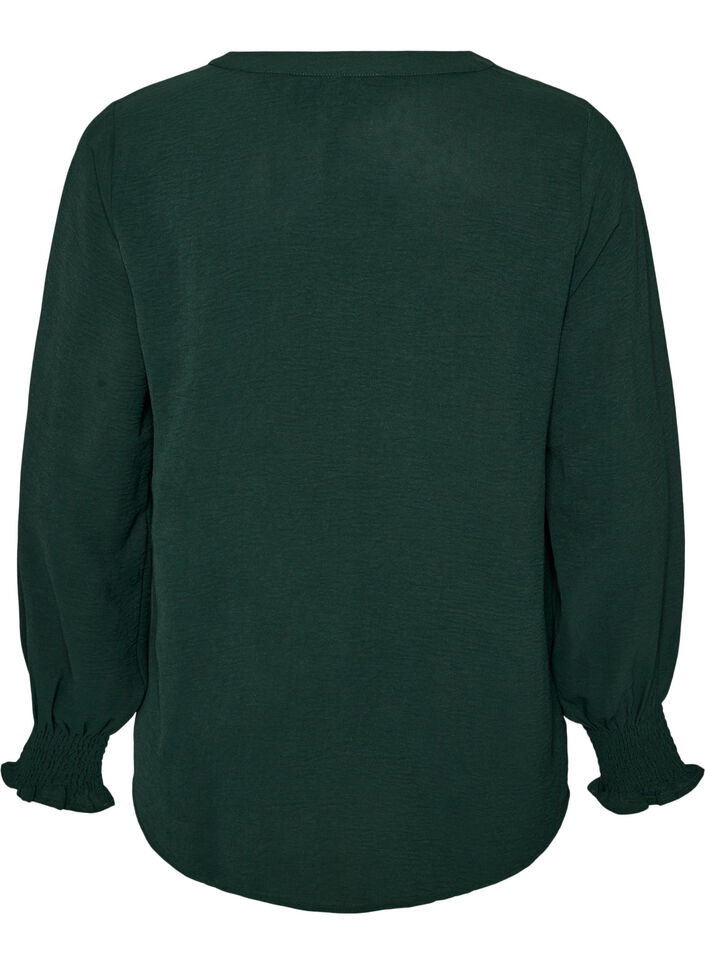 Blouse met smockmanchetten en V-hals, Groen, Packshot image number 1