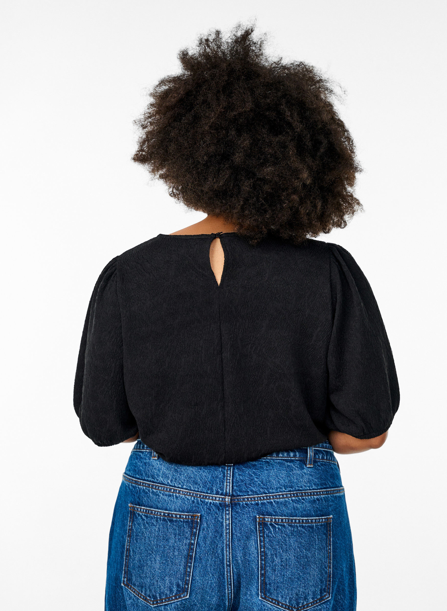 ZizziGestructureerde blouse met korte mouwen, Zwart, Model image number 2