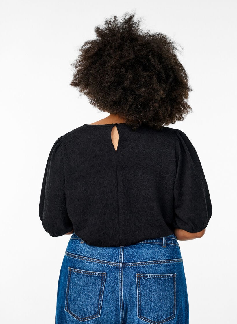 Gestructureerde blouse met korte mouwen, Zwart, Model image number 2