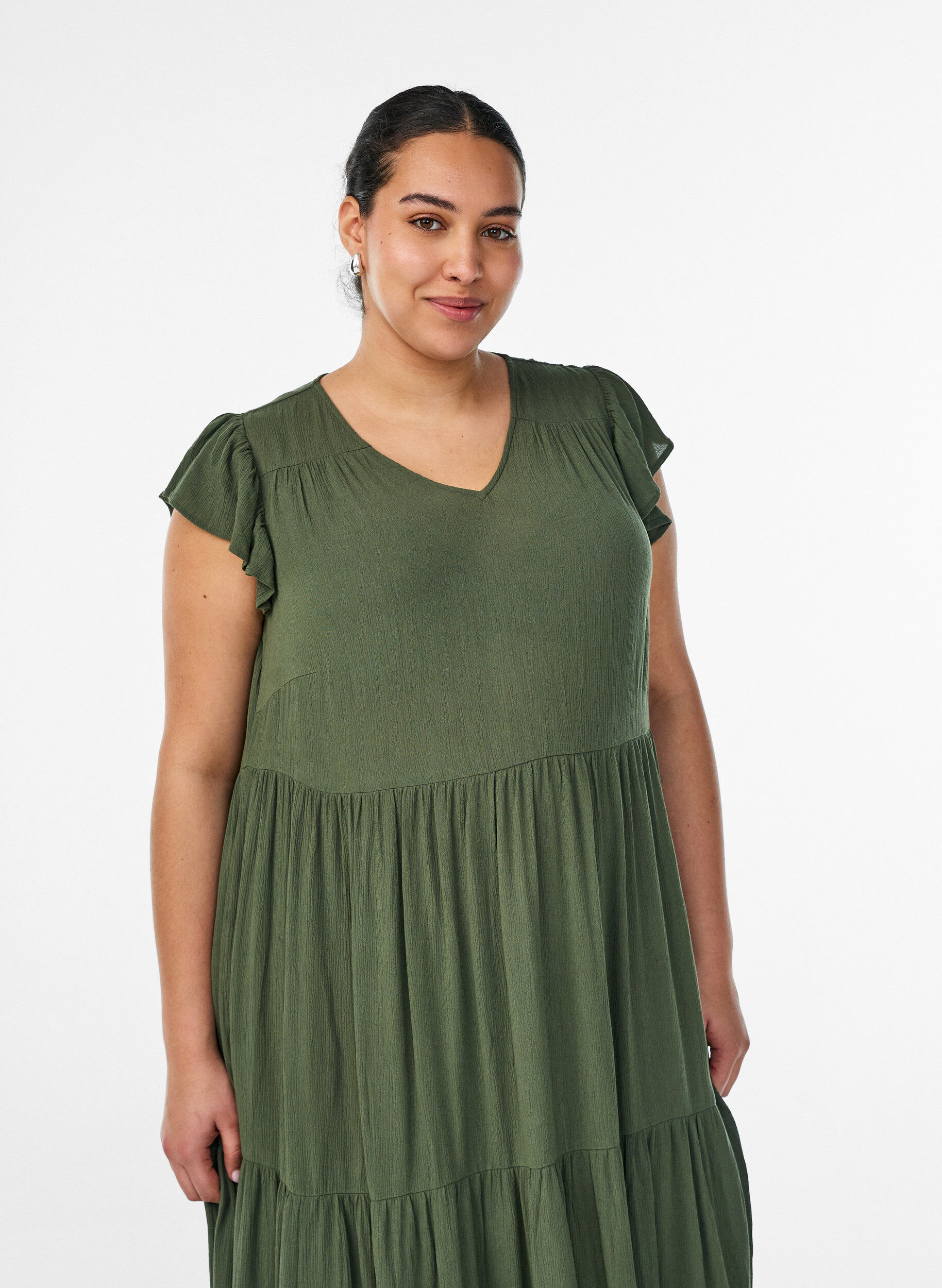 ZizziMidi jurk van viscose met ruches mouwen, Groen, Model image number 3