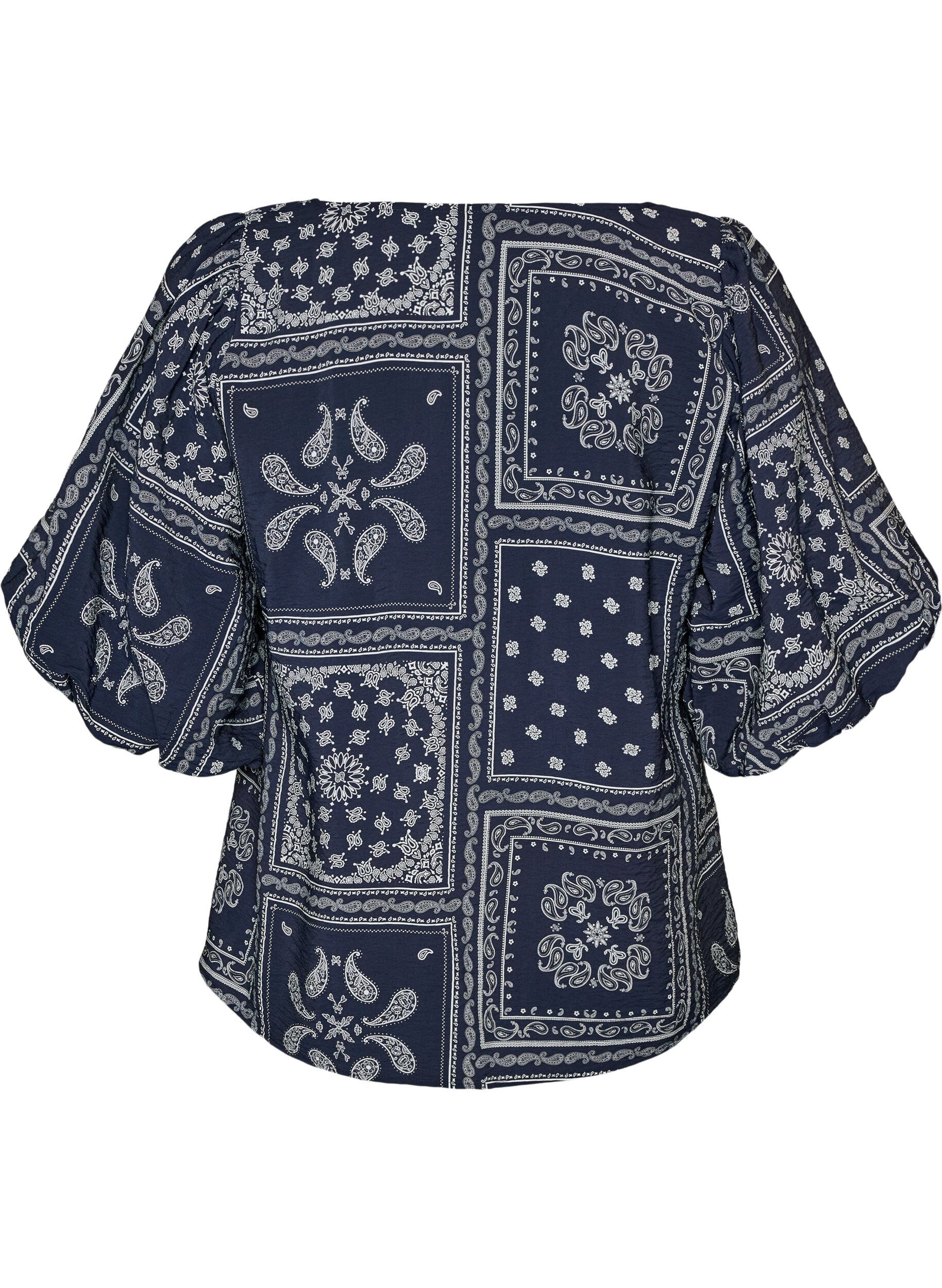 ZizziViscose blouse met paisleymotief en ballonnenmouwen, Blauw, Packshot image number 1