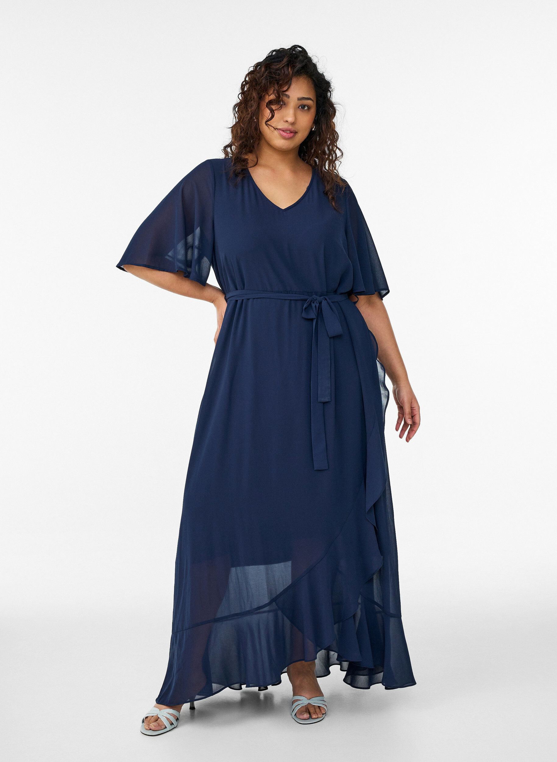 ZizziChiffon maxi-jurk met een V-hals en ruches aan de zoom, Blauw, Model image number 0