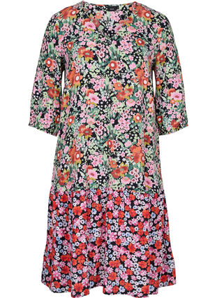 Gebloemde viscose jurk met 3/4 mouwen, Flower AOP Mix, Packshot image number 0