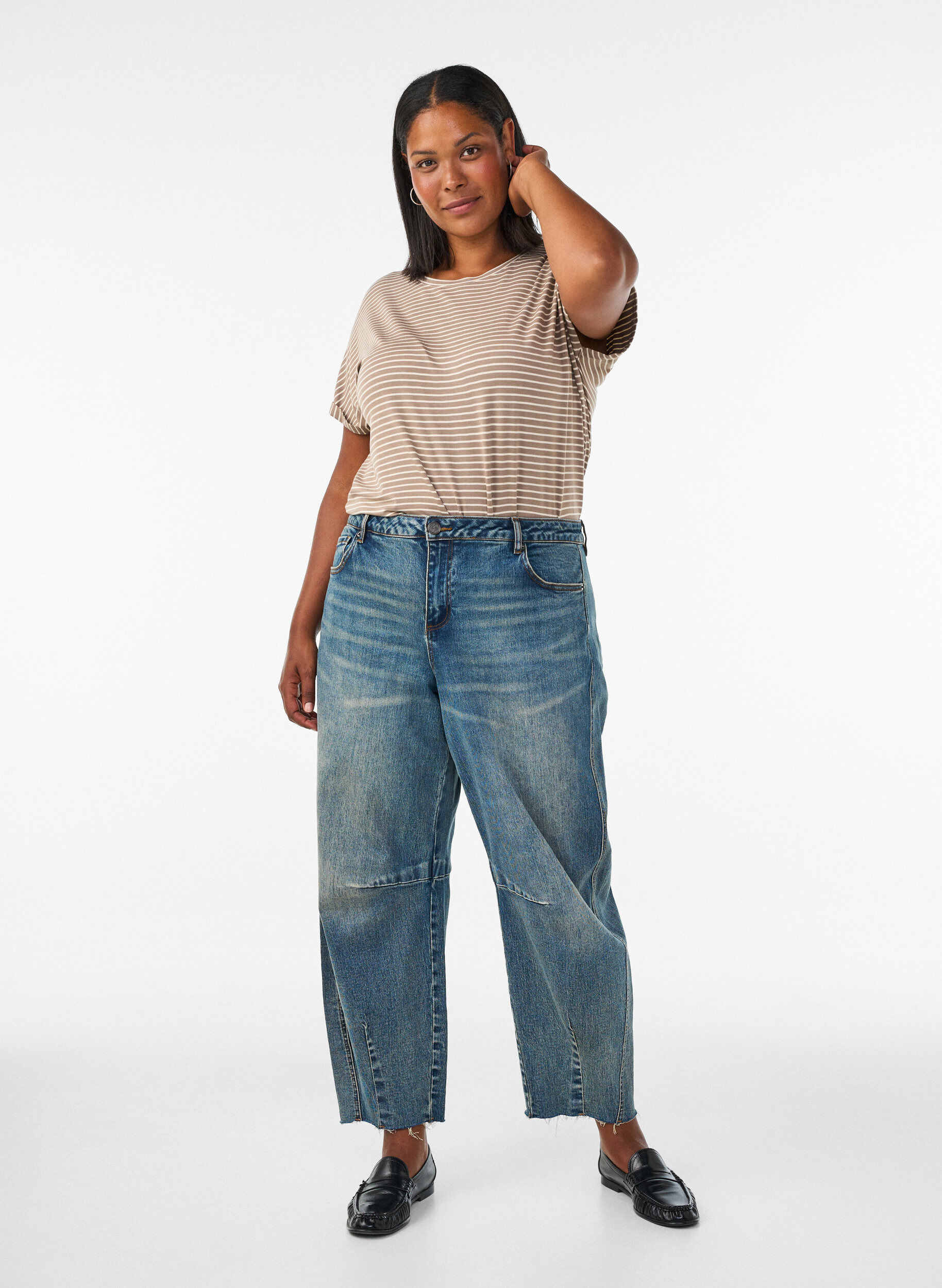 ZizziGestreept T-shirt in viscose met een ronde hals, Beige, Model image number 1