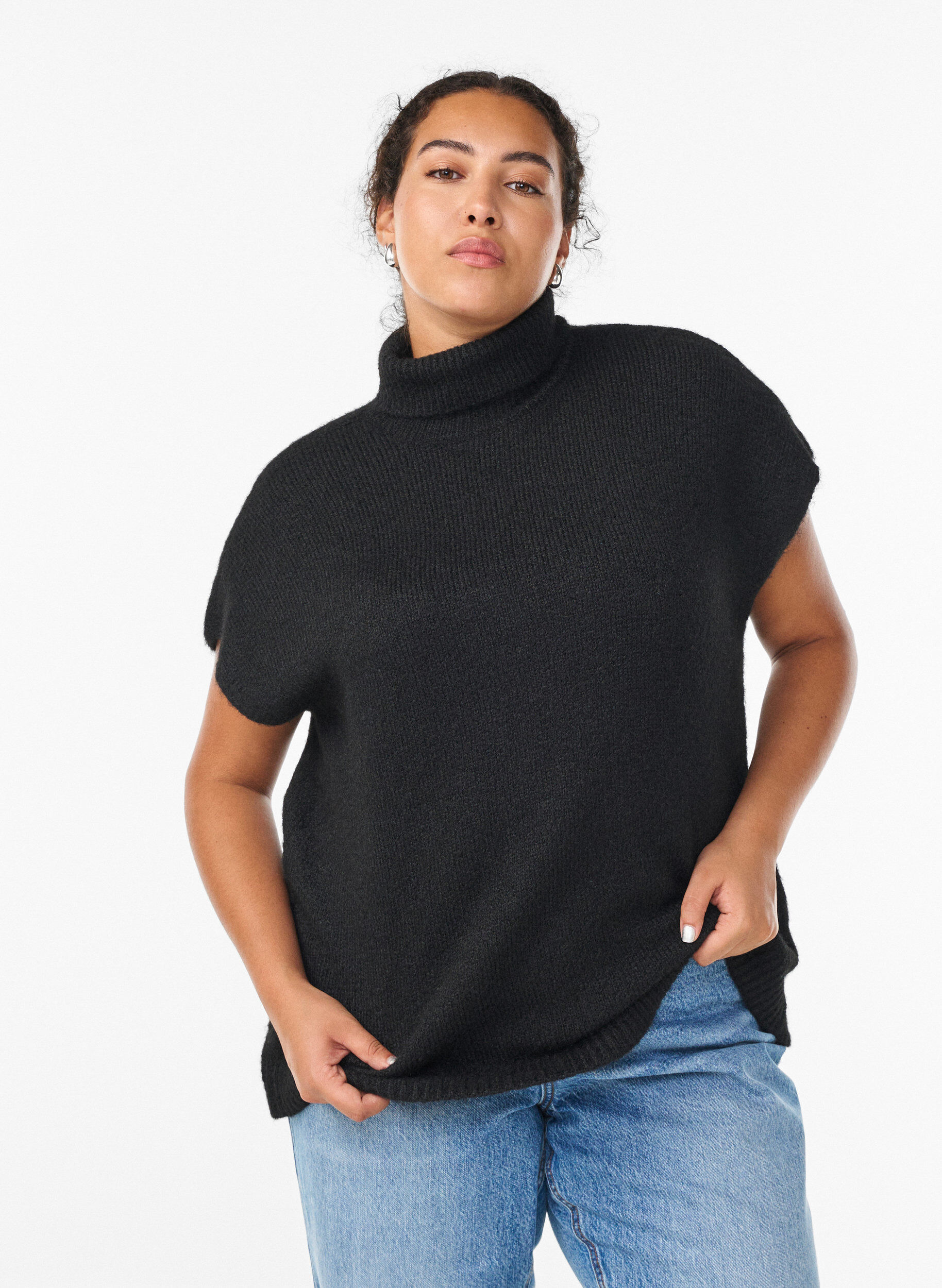 Mouwloze gebreide vest met col, Zwart, Model
