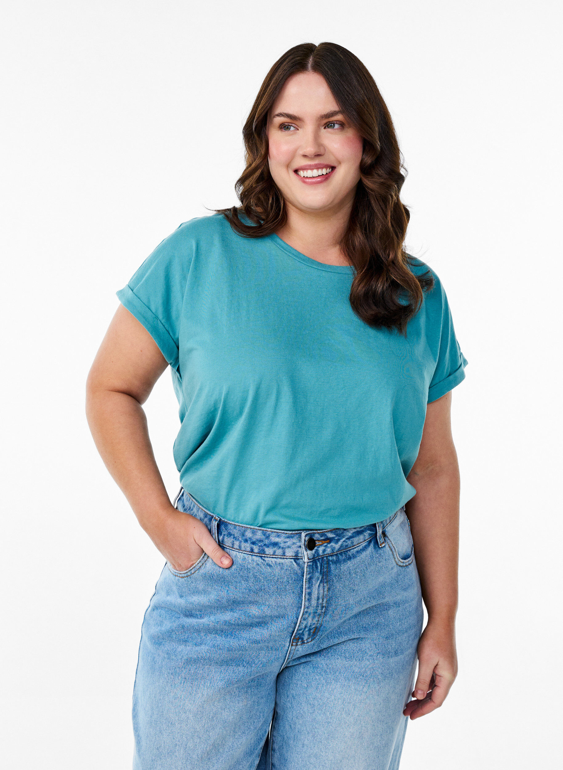 Zizzi T-shirt met korte mouwen van katoenmix, Blauw, Model image number 0