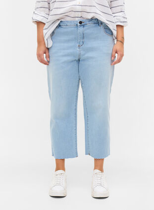 7/8 jeans met ruwe randjes en hoge taille, Super L.Blue Denim, Model image number 2