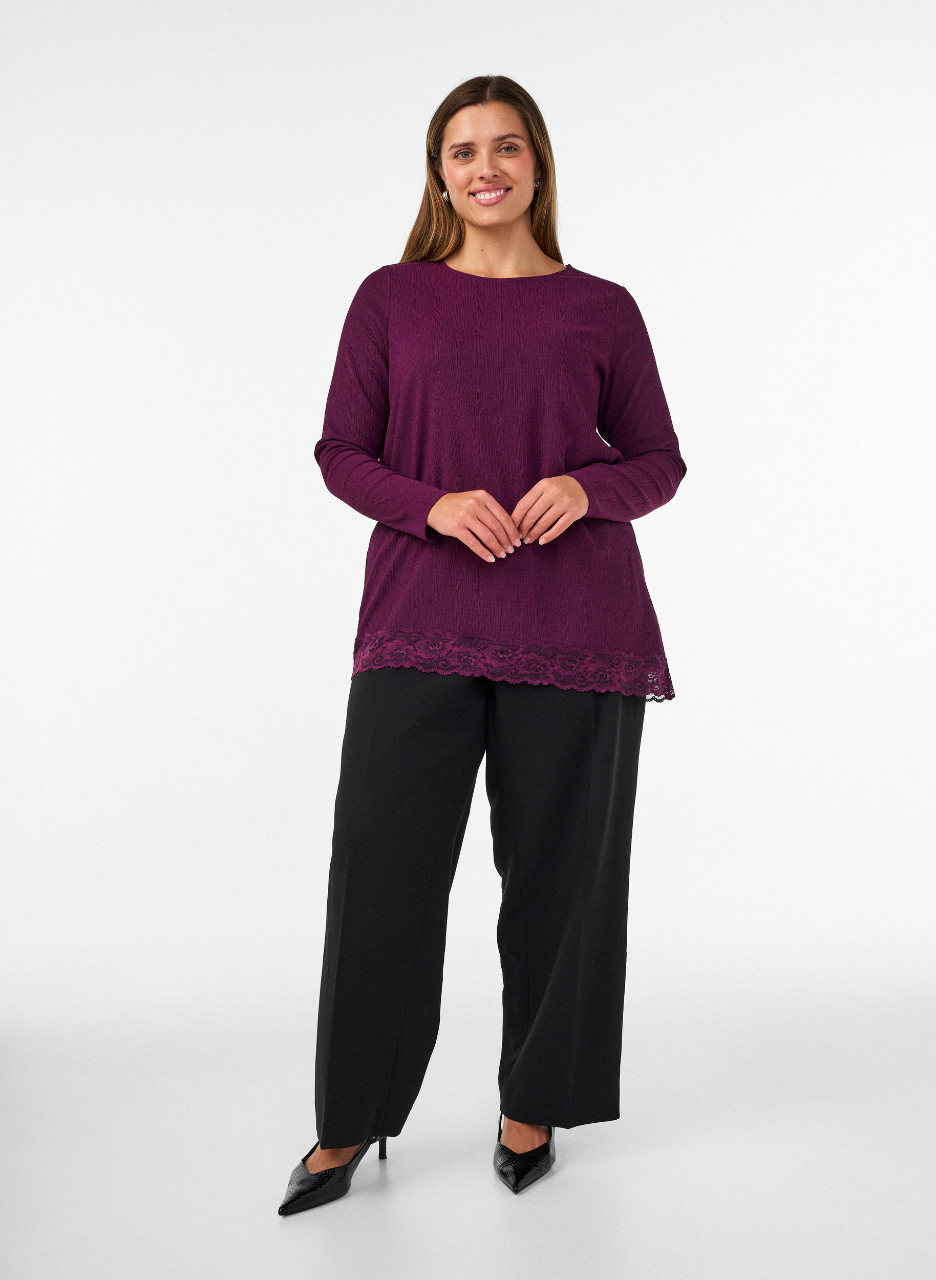 ZizziJersey blouse met asymmetrische kanten rand, Paars, Model image number 1