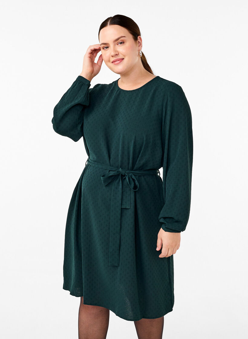 Korte jurk van textuurstof met een strikriem, Scarab, Model image number 0