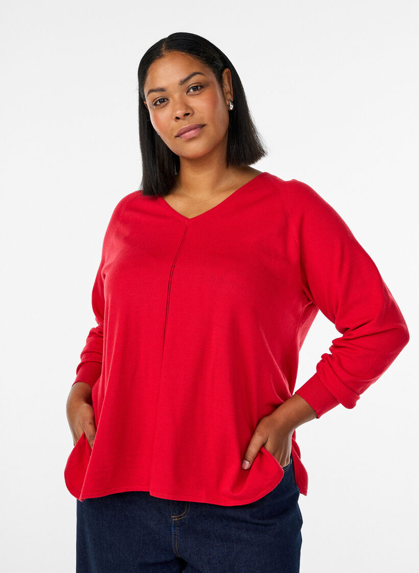 Fijngebreide blouse met V-hals en voorkantdetail, Rood, Model image number 0