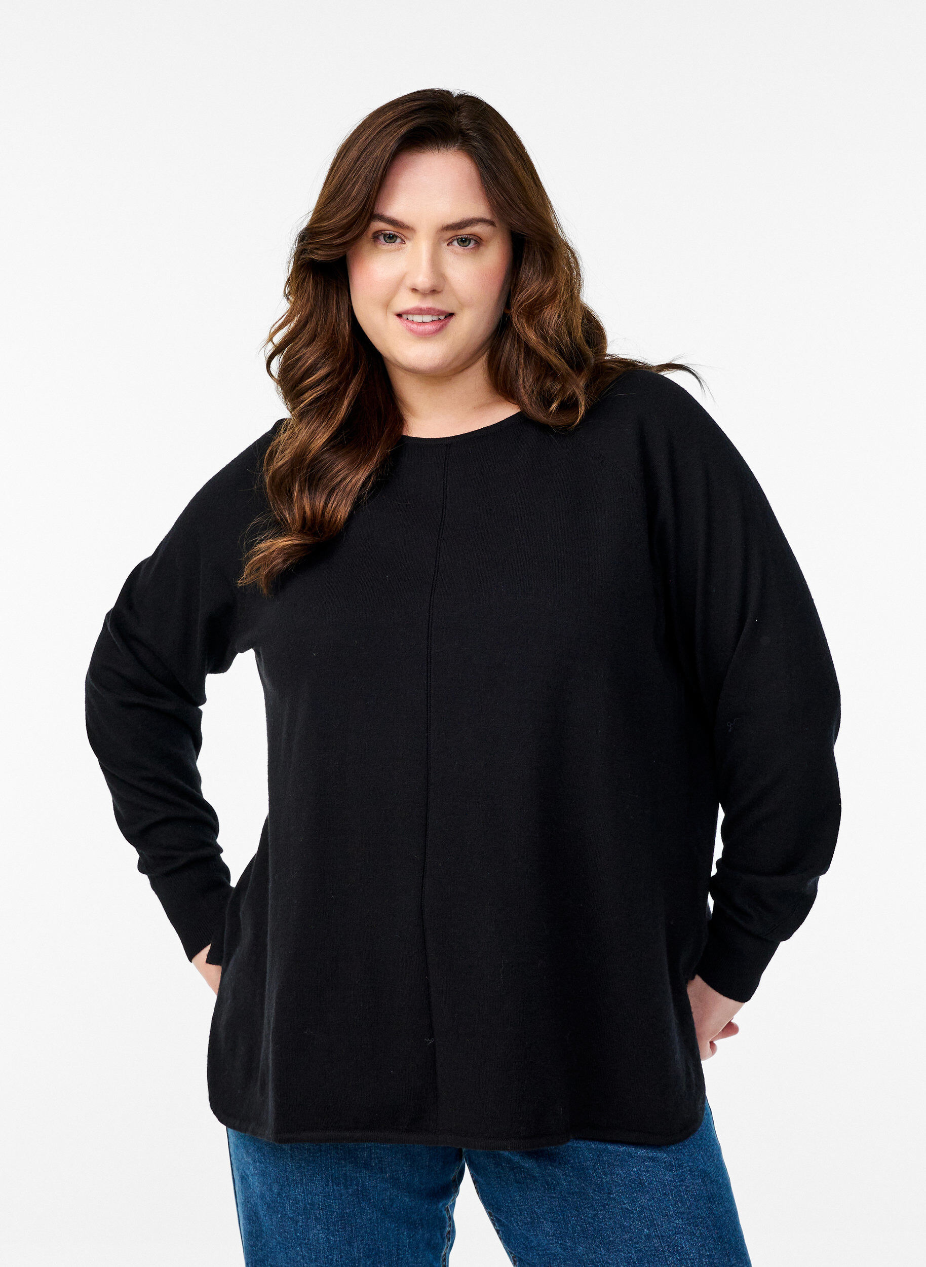 Gebreide blouse met ronde hals en gebreid patroon, Zwart, Model