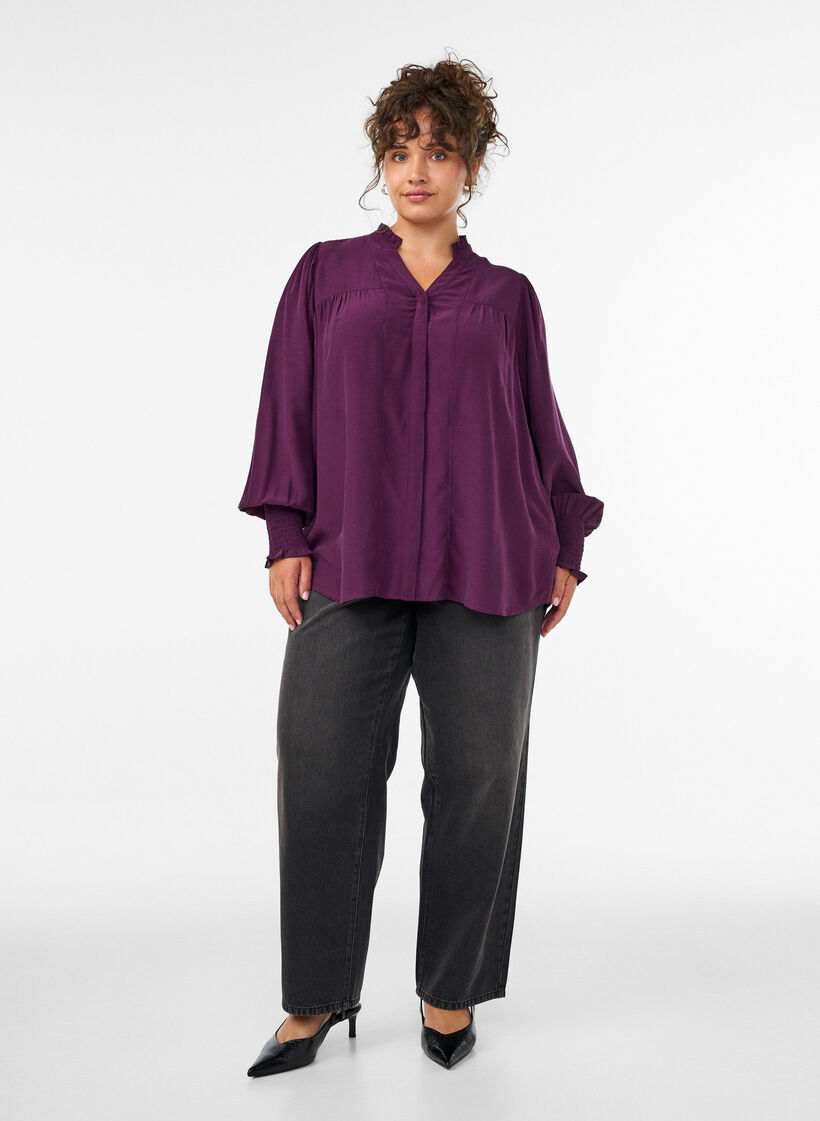 Blouse met ruches kraag en plooien, Paars, Model image number 1