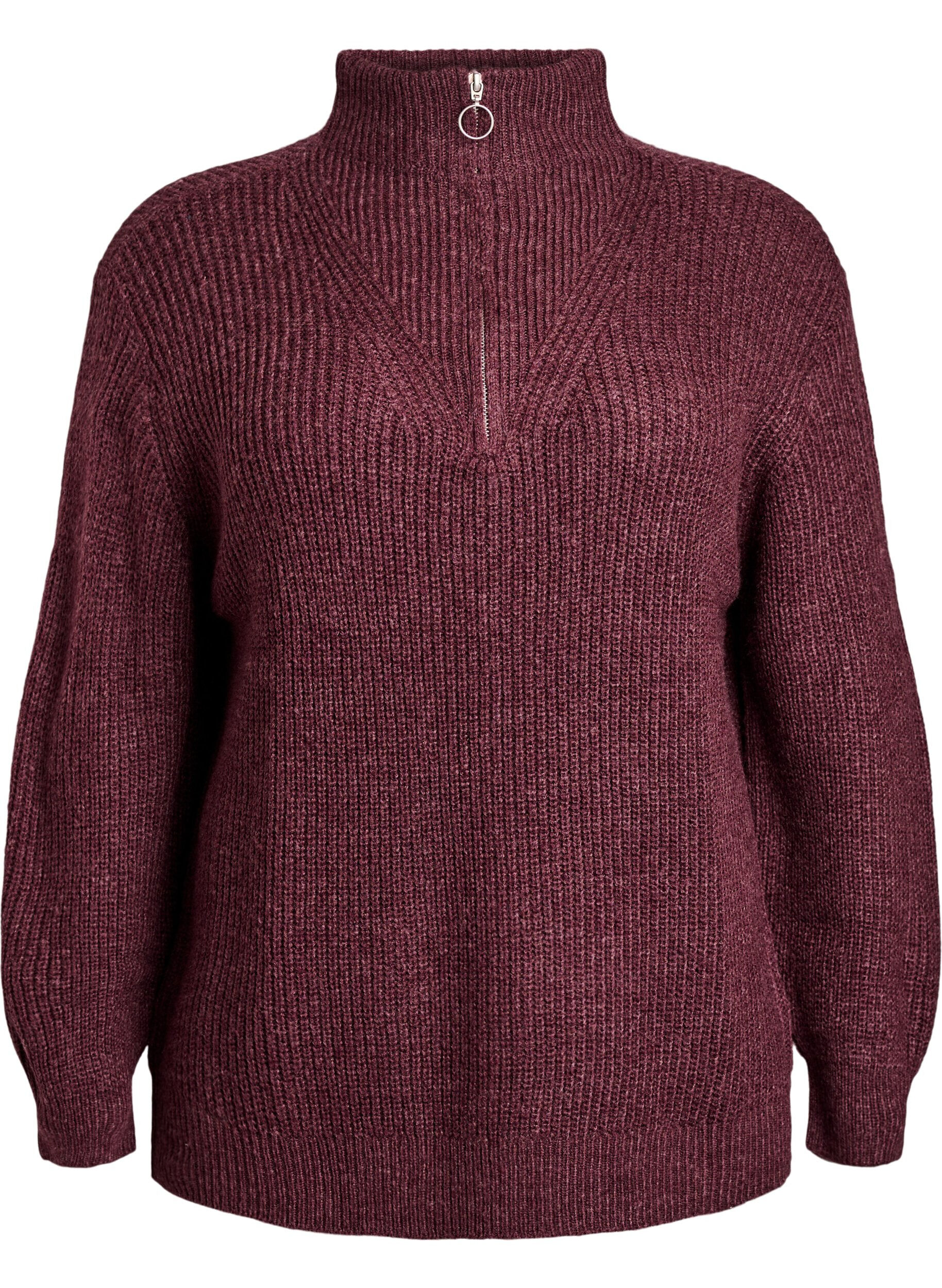 ZizziGebreide trui met hoge hals en rits, Rood, Packshot image number 0