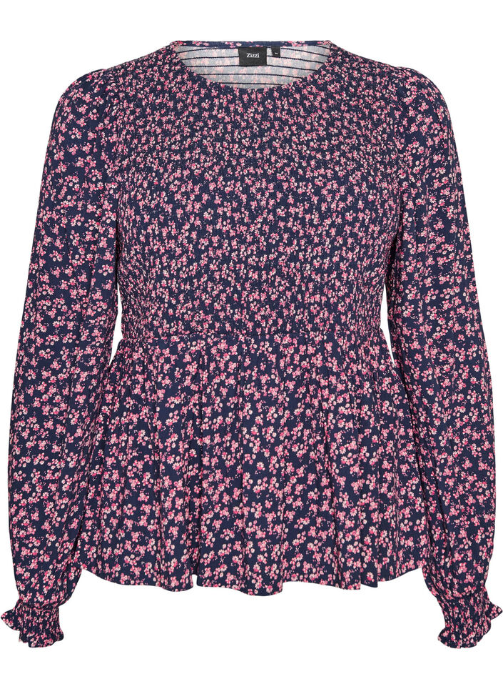 Blouse met gesmokte top en bloemenprint, Blauw, Packshot image number 0
