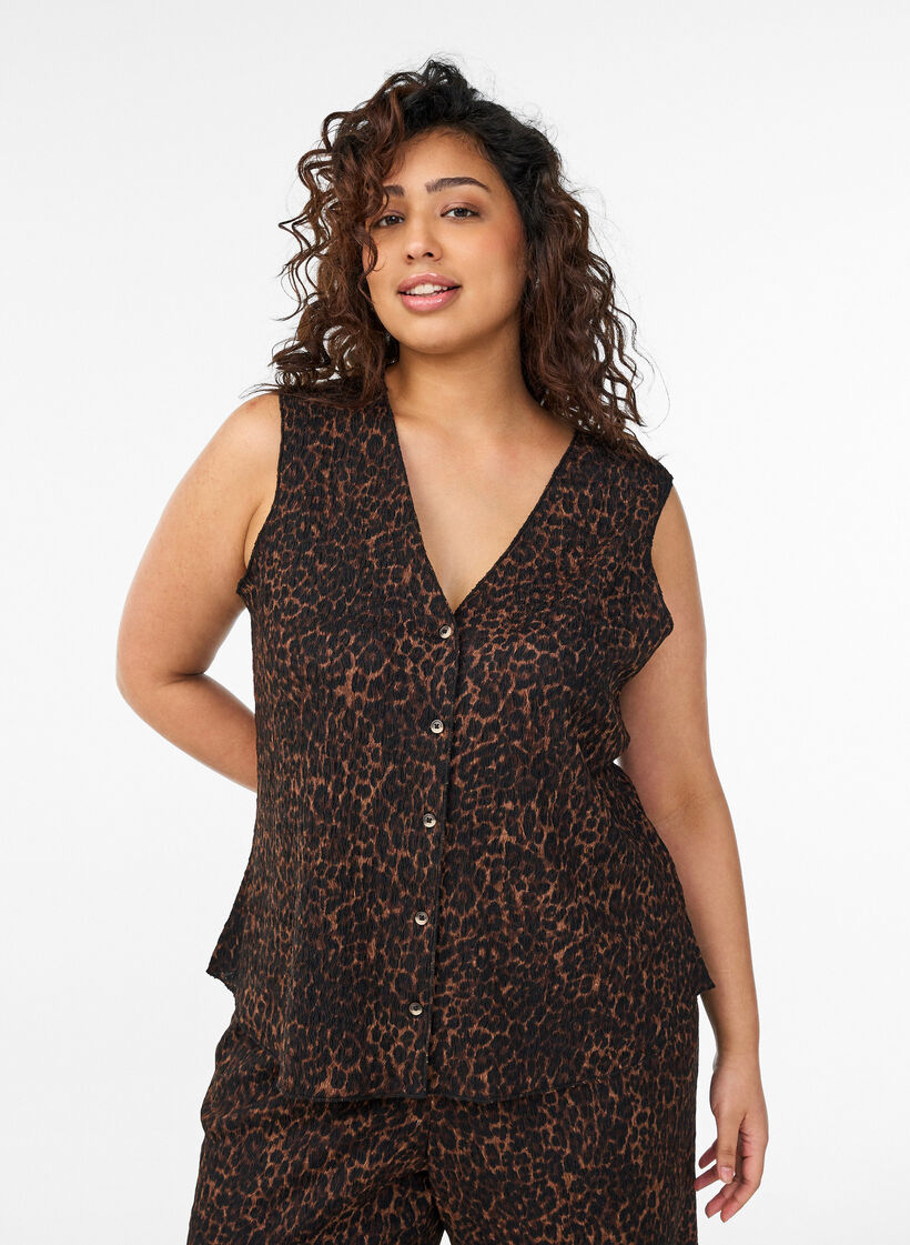 Mouwloos top met een golvende textuur en knoopsluiting, Bruin, Model image number 0