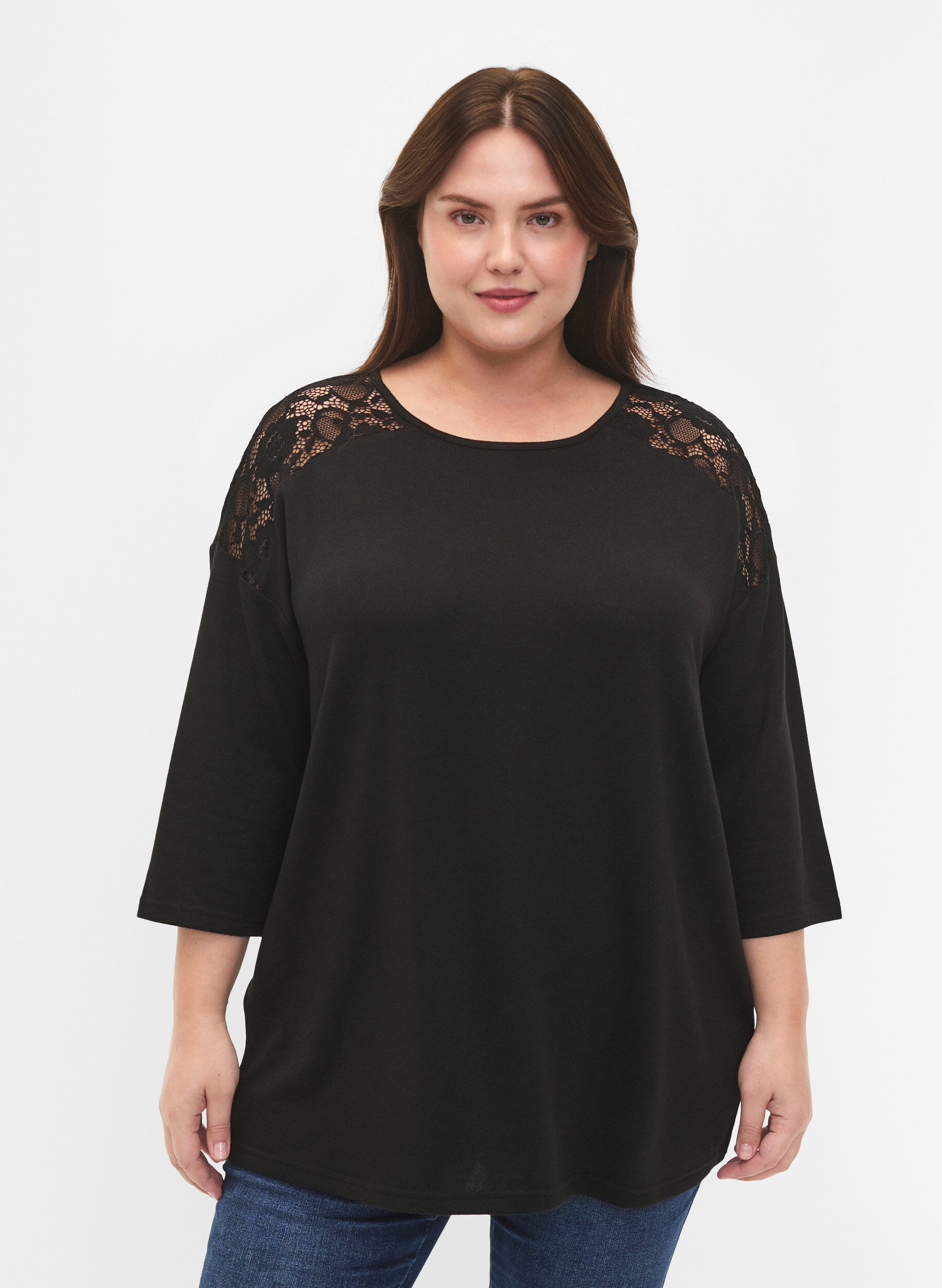 Zizzi Blouse met 3/4 mouwen en kanten detail, Black, Model image number 0