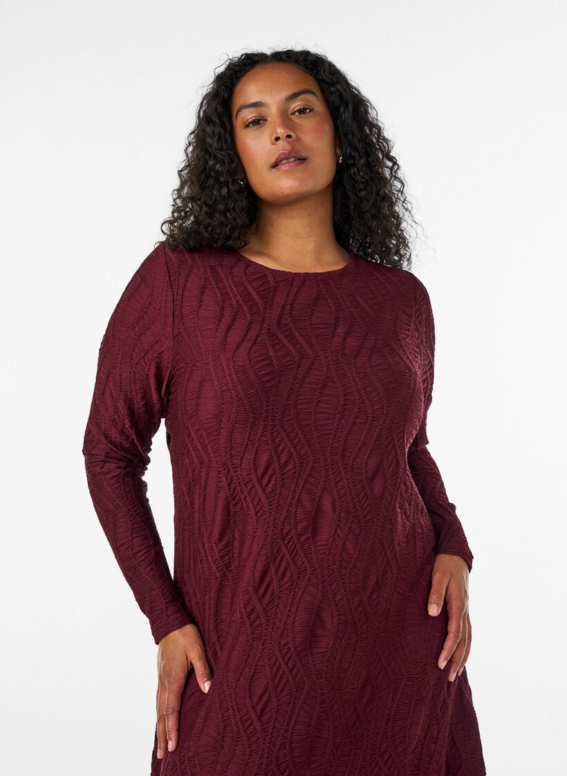 Midi jurk met golvende structuur en lange mouwen, Rood, Model image number 2