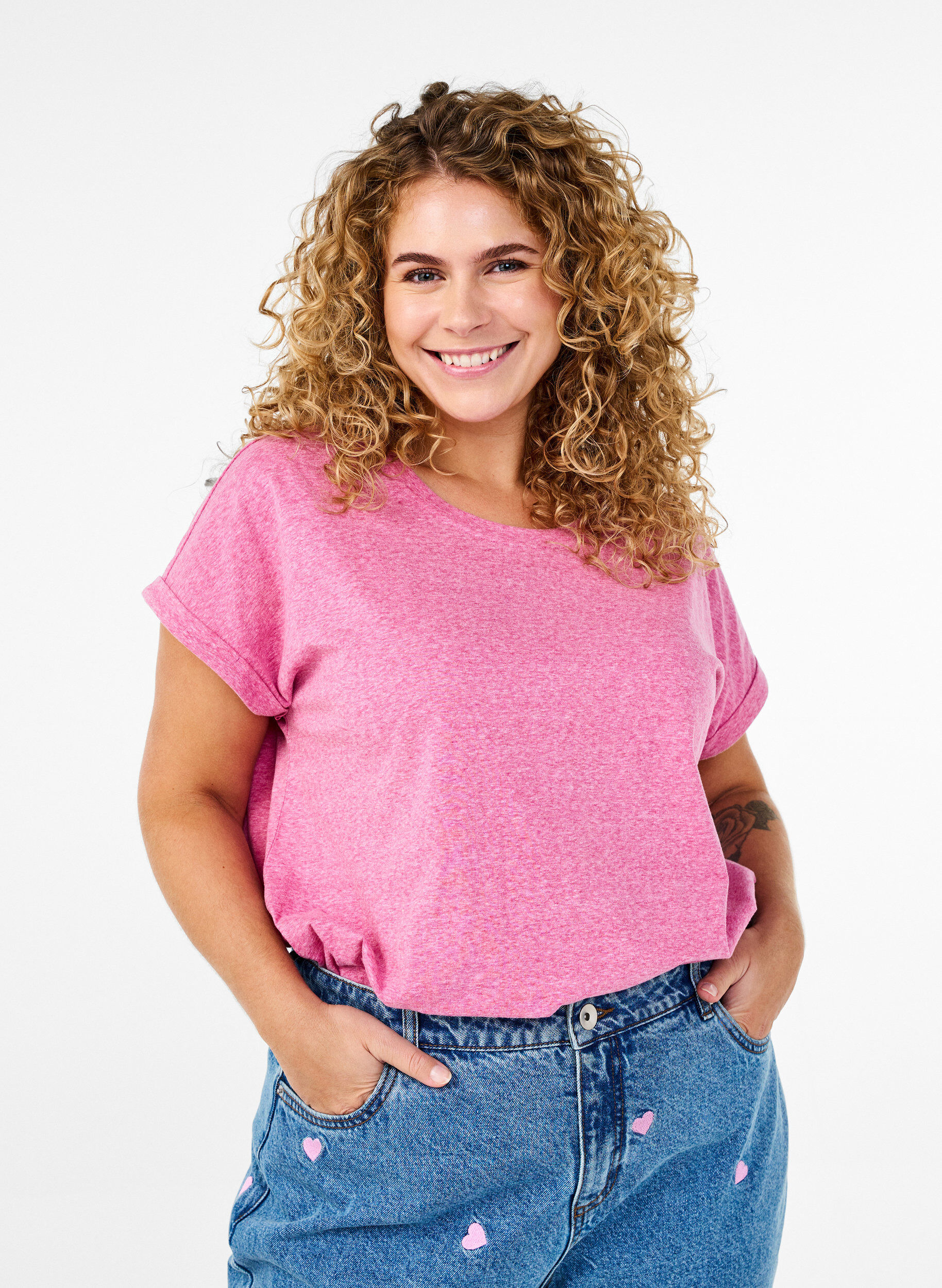 Zizzi Gem&ecirc;leerd T-shirt met korte mouwen, Roze, Model image number 0