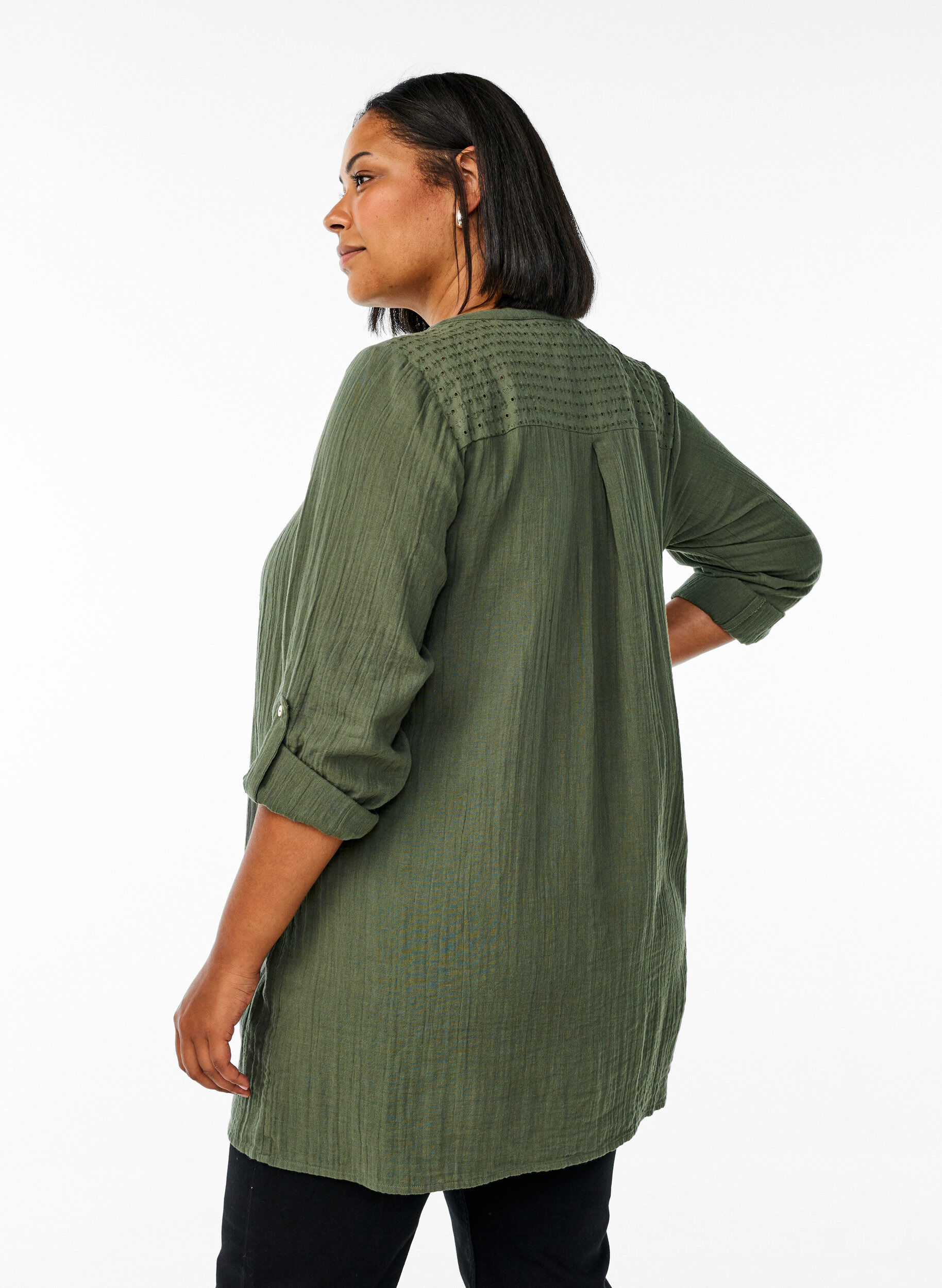 ZizziKatoenen mousseline tuniek met broderie anglaise, Groen, Model image number 2