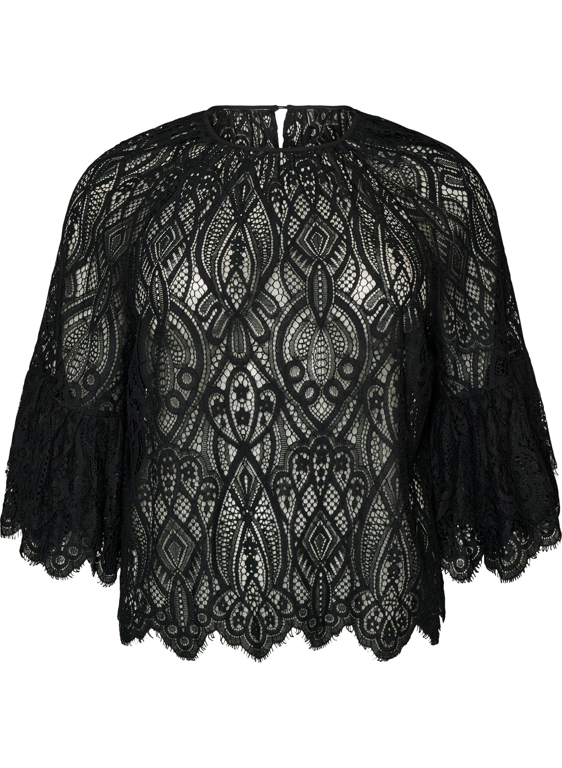 ZizziKanten blouse met lange trompetmouwen en ruches, Zwart, Packshot image number 0