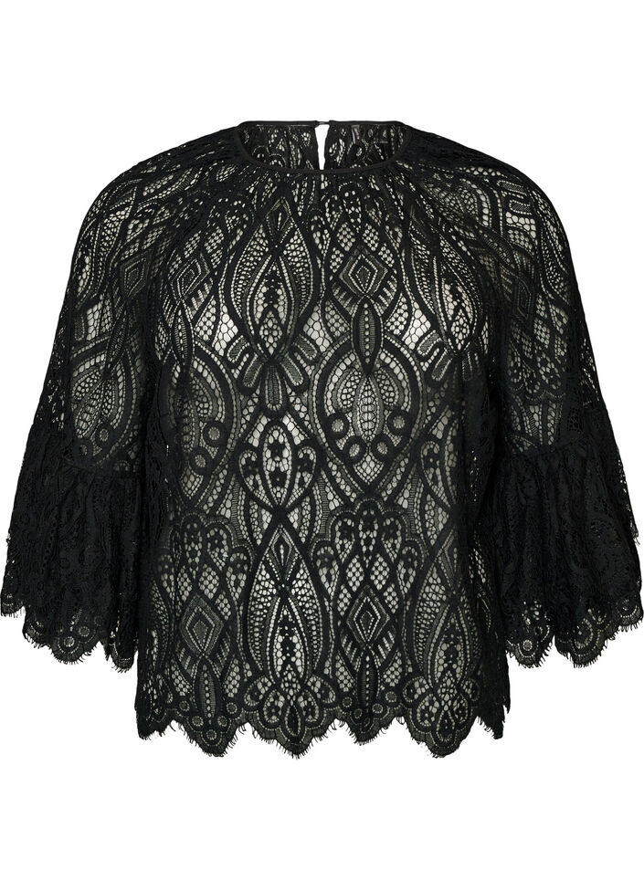 Kanten blouse met lange trompetmouwen en ruches, Zwart, Packshot image number 0