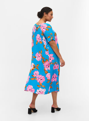 Viscose midi-jurk met bloemenprint, Blue Pink Flower, Model image number 1