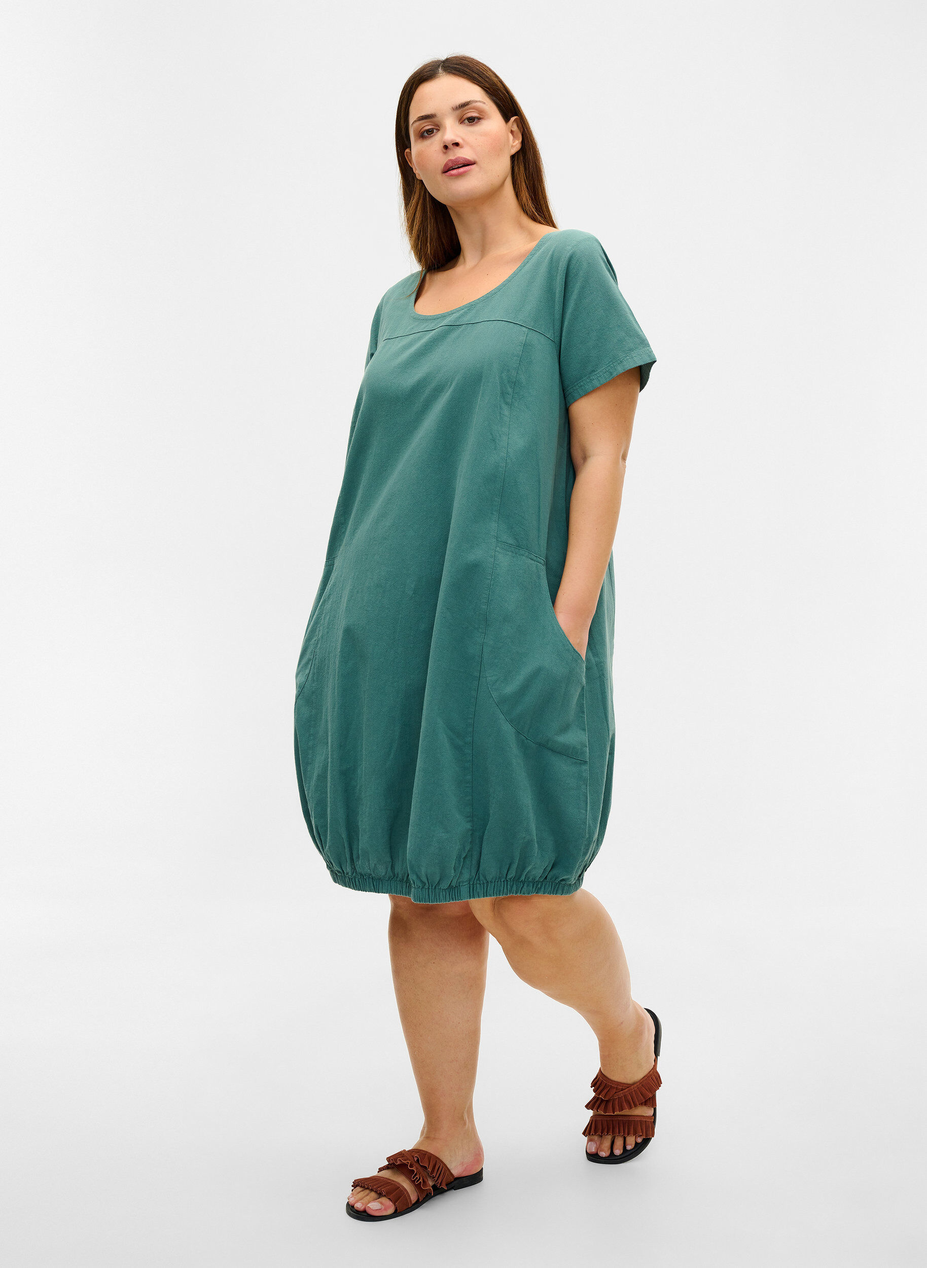 ZizziKatoenen jurk met korte mouwen, Groen, Model image number 1