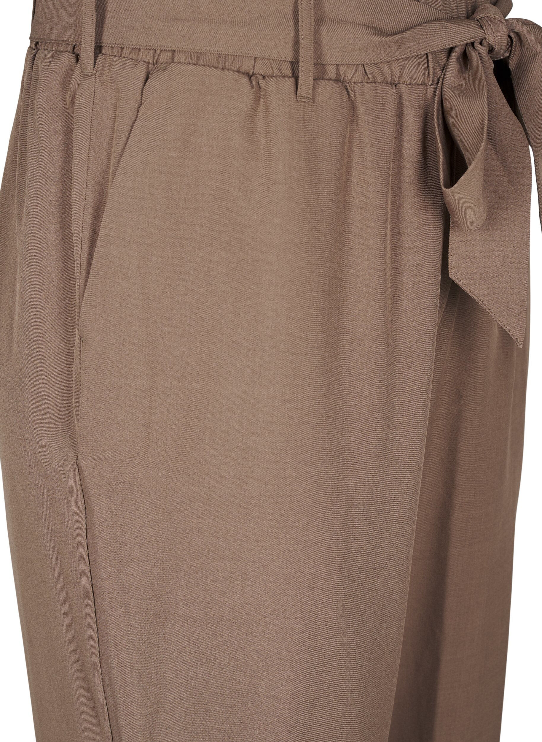 Zizzi High-waist broek met ruches en een strikriem, Walnut Melange, Packshot image number 2