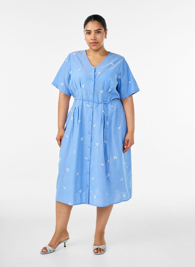 Katoenen overhemdjurk met geborduurde bloemen, Blauw, Model image number 0