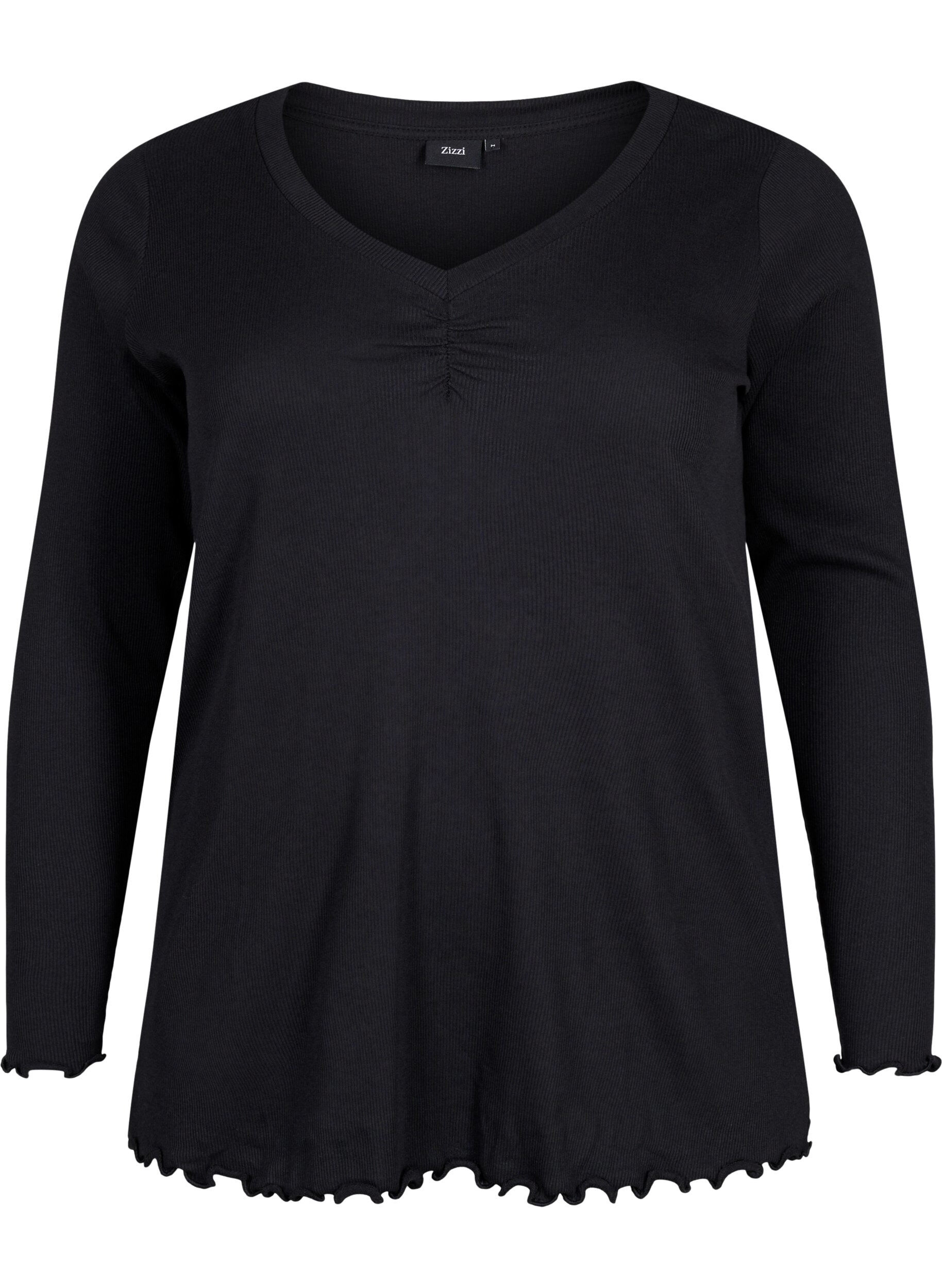 Zizzi Geribde blouse met lange mouwen en een V-hals, Black, Packshot image number 0