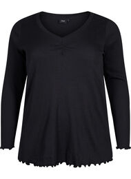 Geribde blouse met lange mouwen en een V-hals, Black