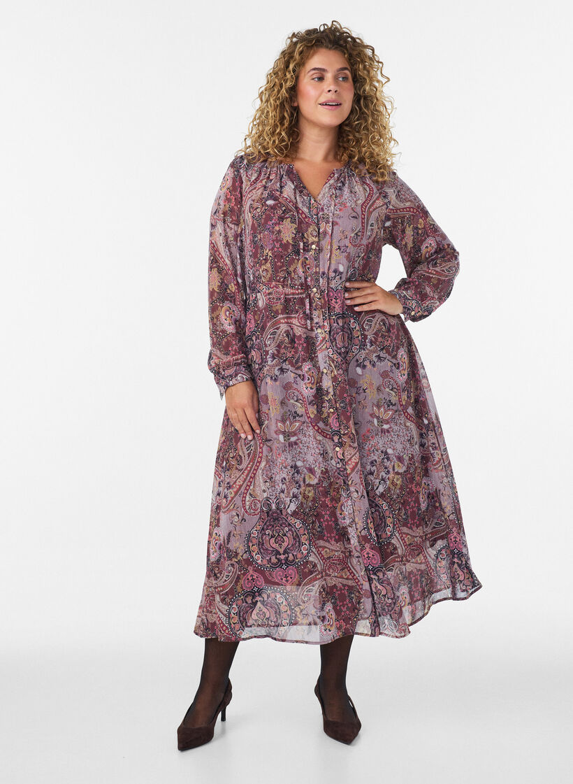 Midi-jurk met paisleyprint en elastische taille, Paars, Model image number 0