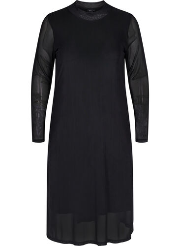 Midi-jurk met lange mouwen in mesh, Black, Packshot image number 0