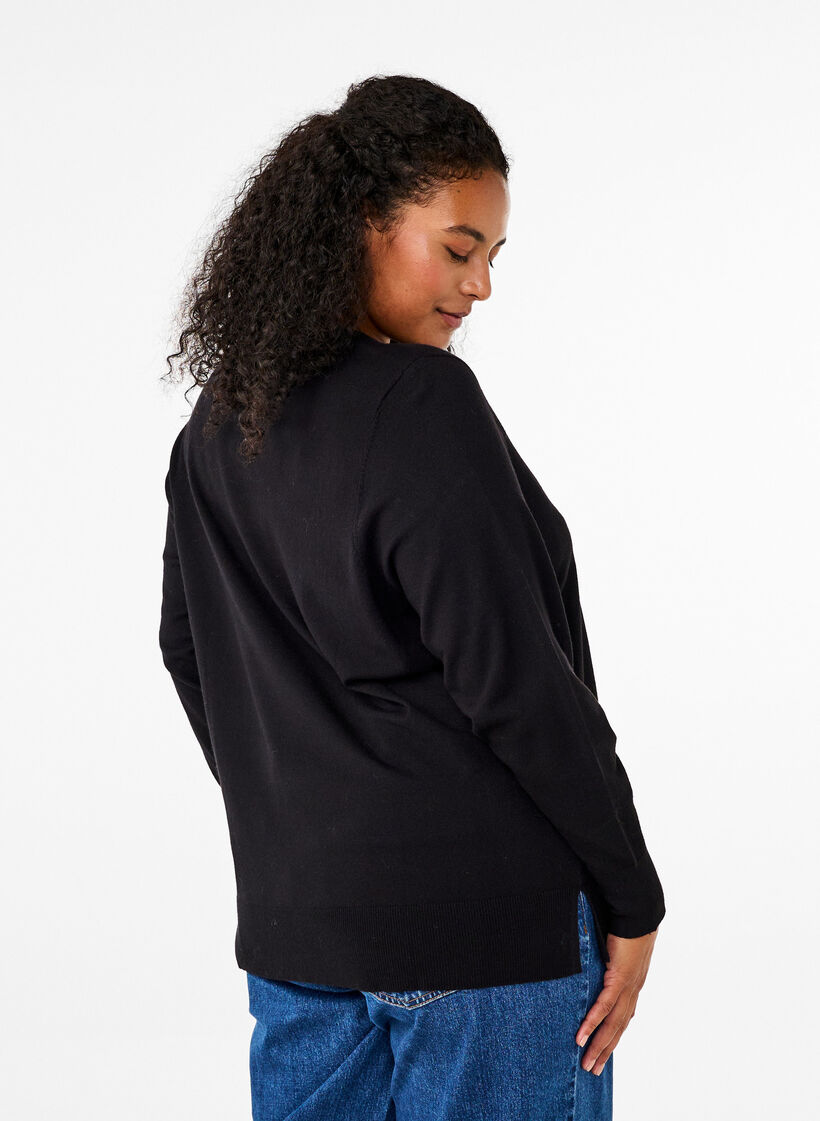 Gebreide blouse met lange mouwen en een spleet, Zwart, Model image number 2