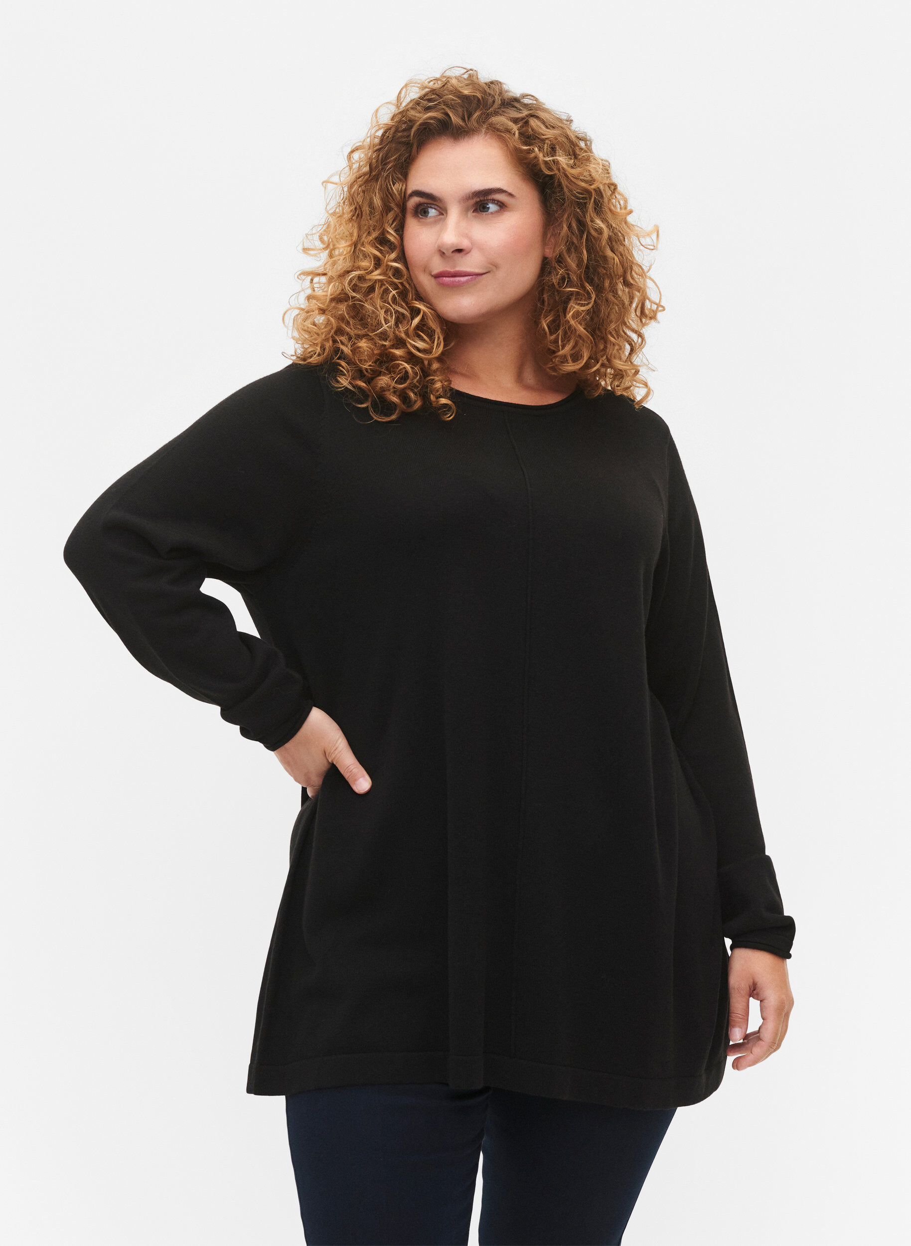 Zizzi Gebreide blouse gemaakt van katoen en viscose., Zwart, Model image number 0