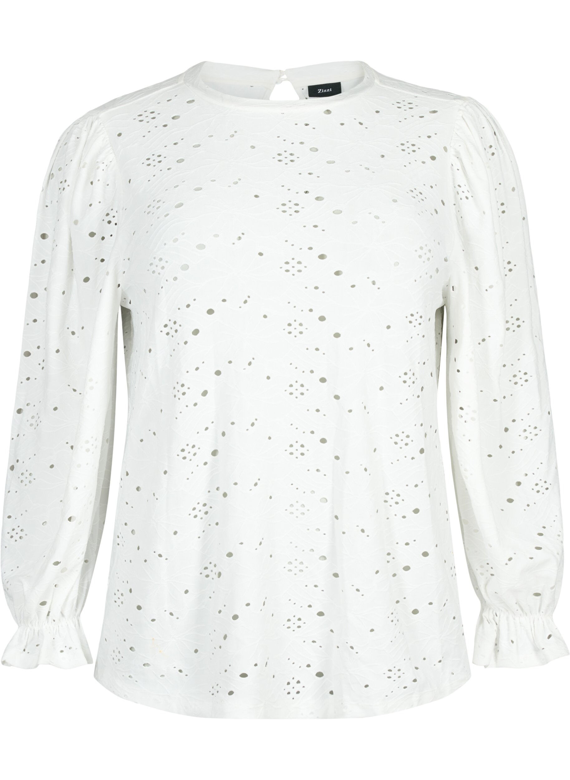 Zizzi Blouse met lange mouwen en gaatjespatroon, Bright White, Packshot image number 0