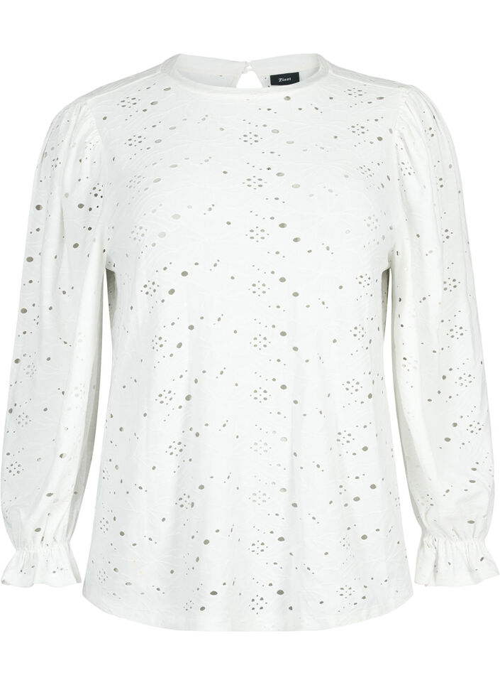 Blouse met lange mouwen en gaatjespatroon, Bright White, Packshot image number 0