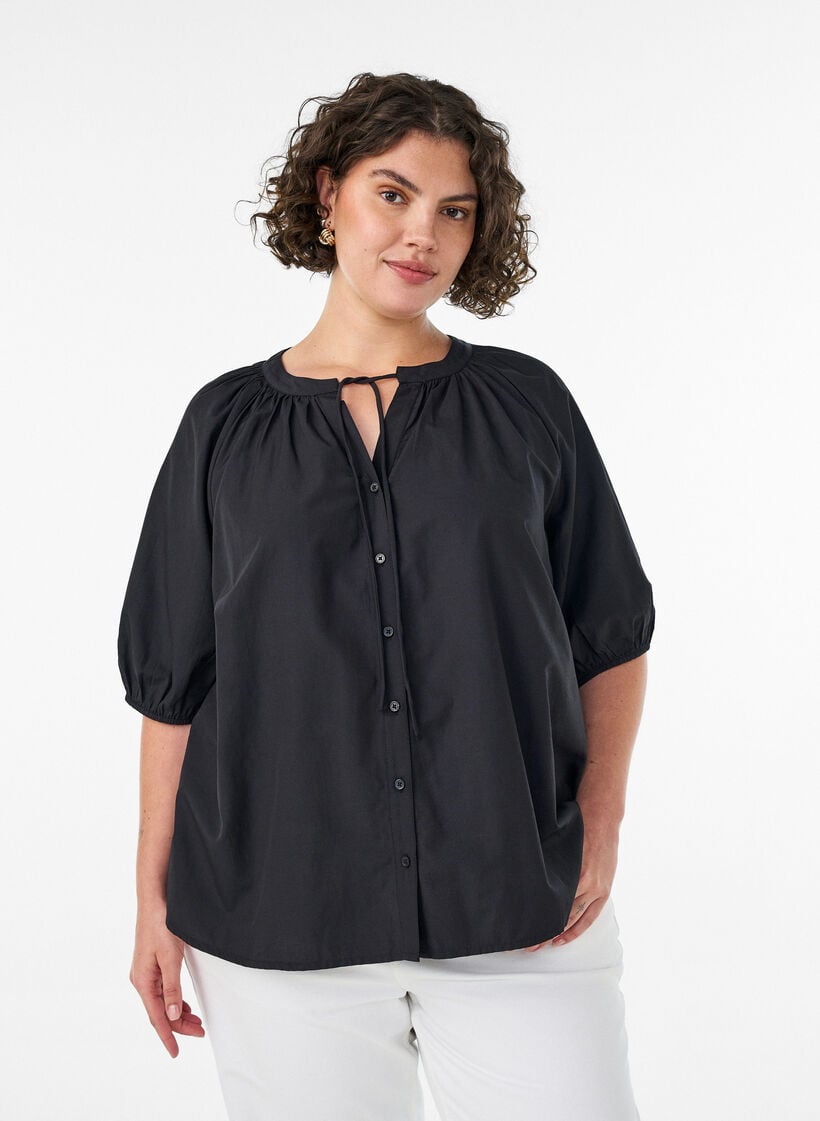 Overhemdblouse met knoopsluiting en strikceintuur, Zwart, Model image number 0
