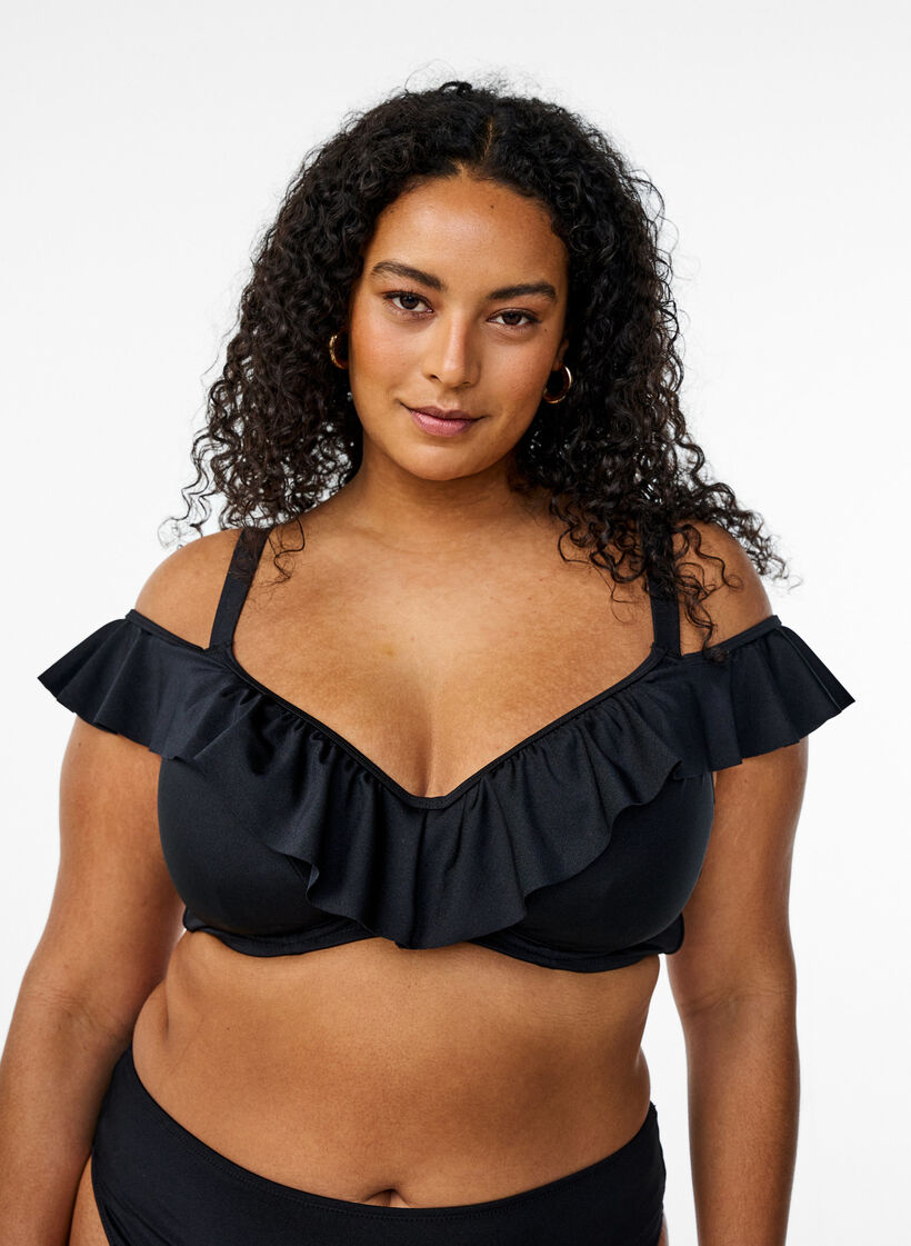 Bikini top met ruches en beugel, Zwart, Model image number 0