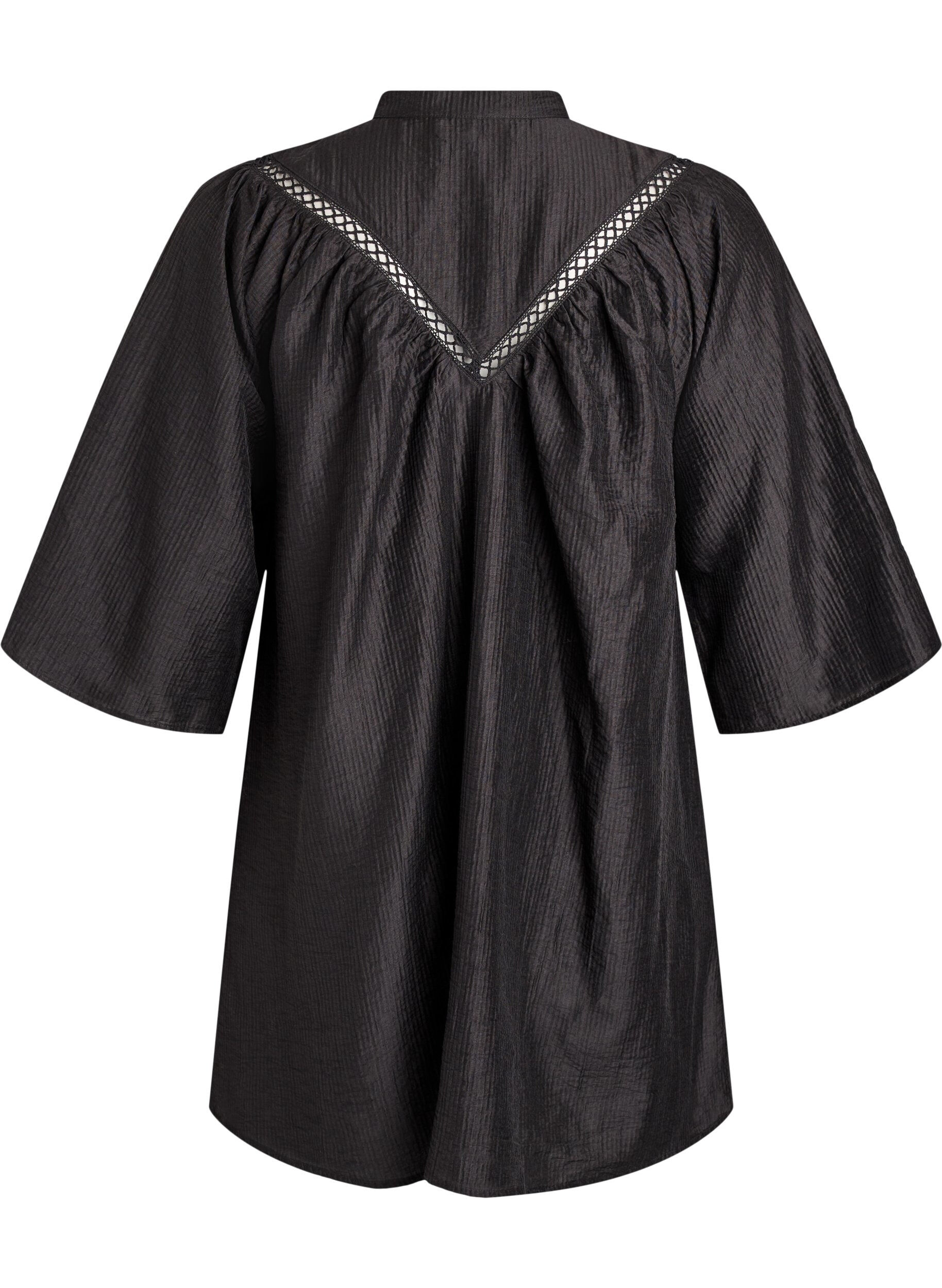 Zizzi Tunic met gehaakte randen en gestreepte textuur, Zwart, Packshot image number 1