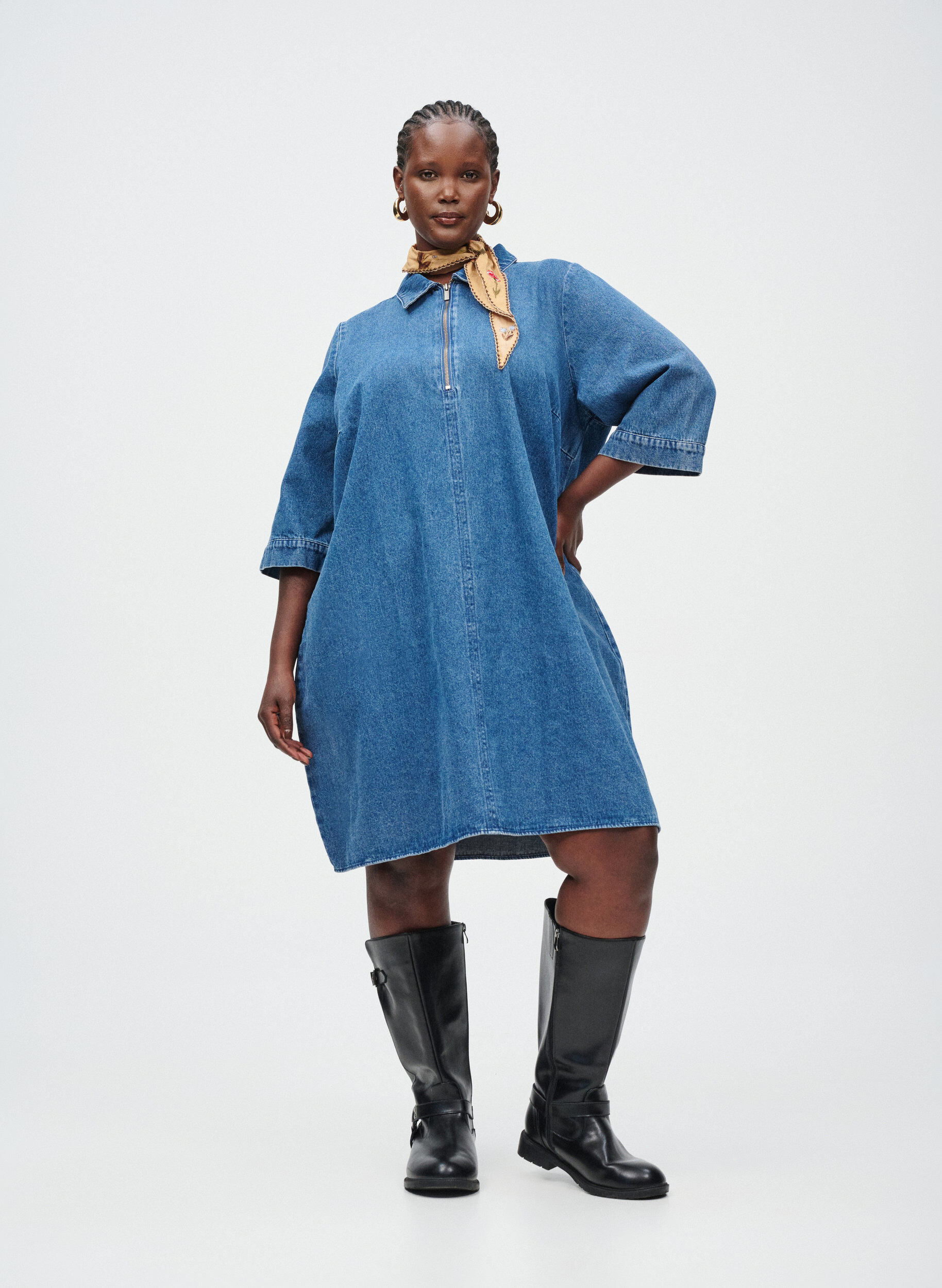 ZizziKorte denimjurk met ritssluiting en 3/4 mouwen, Blauw, Image image number 0