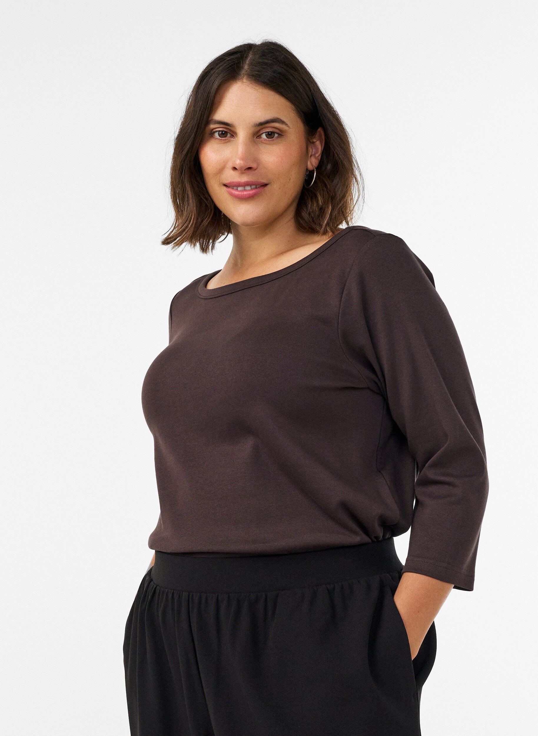 ZizziBasic T-shirt met boothals en 3/4-mouwen, Bruin, Model image number 0
