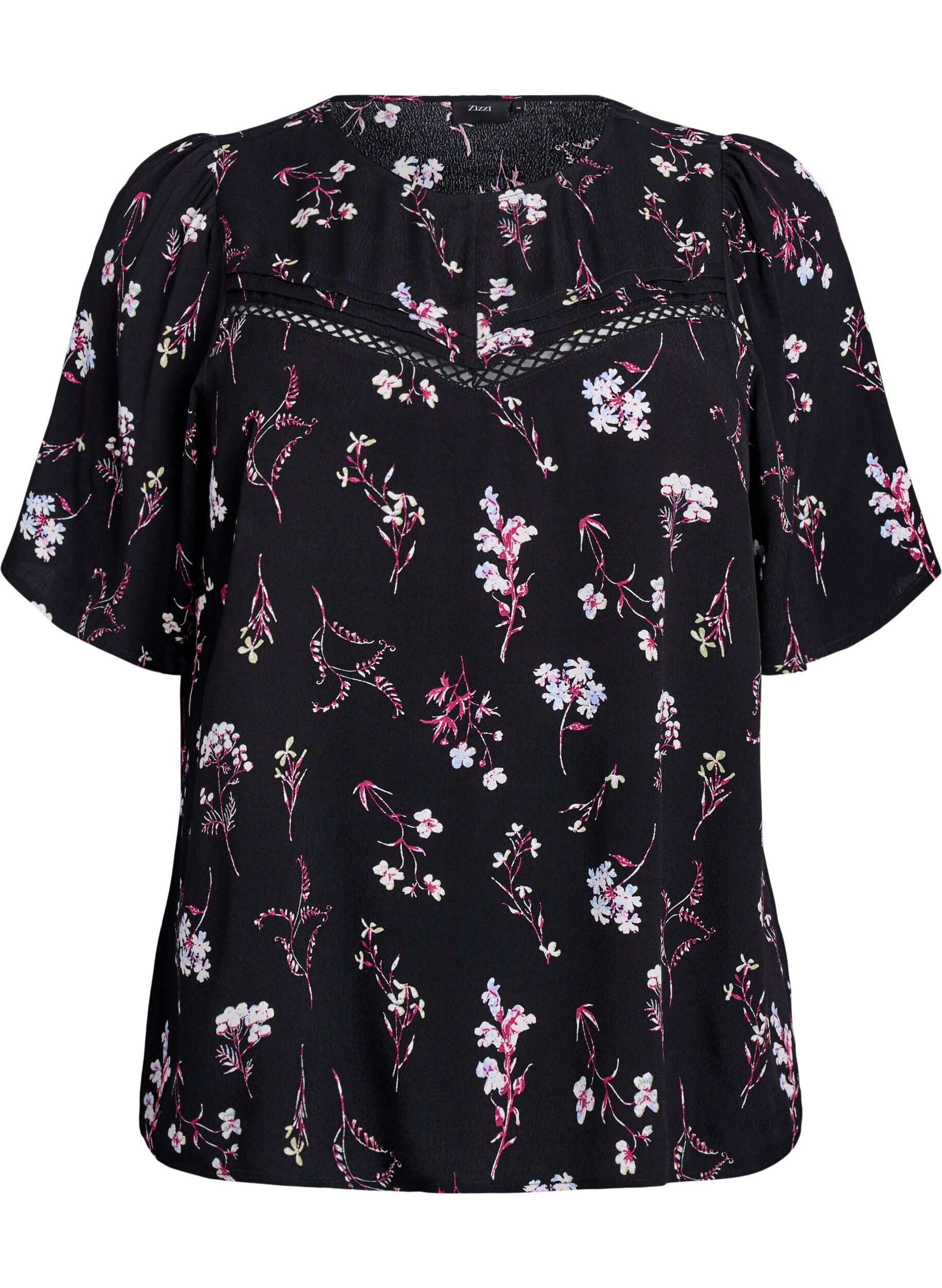 Zizzi Blouse met bloemmotief en korte mouwen, Zwart, Packshot image number 0