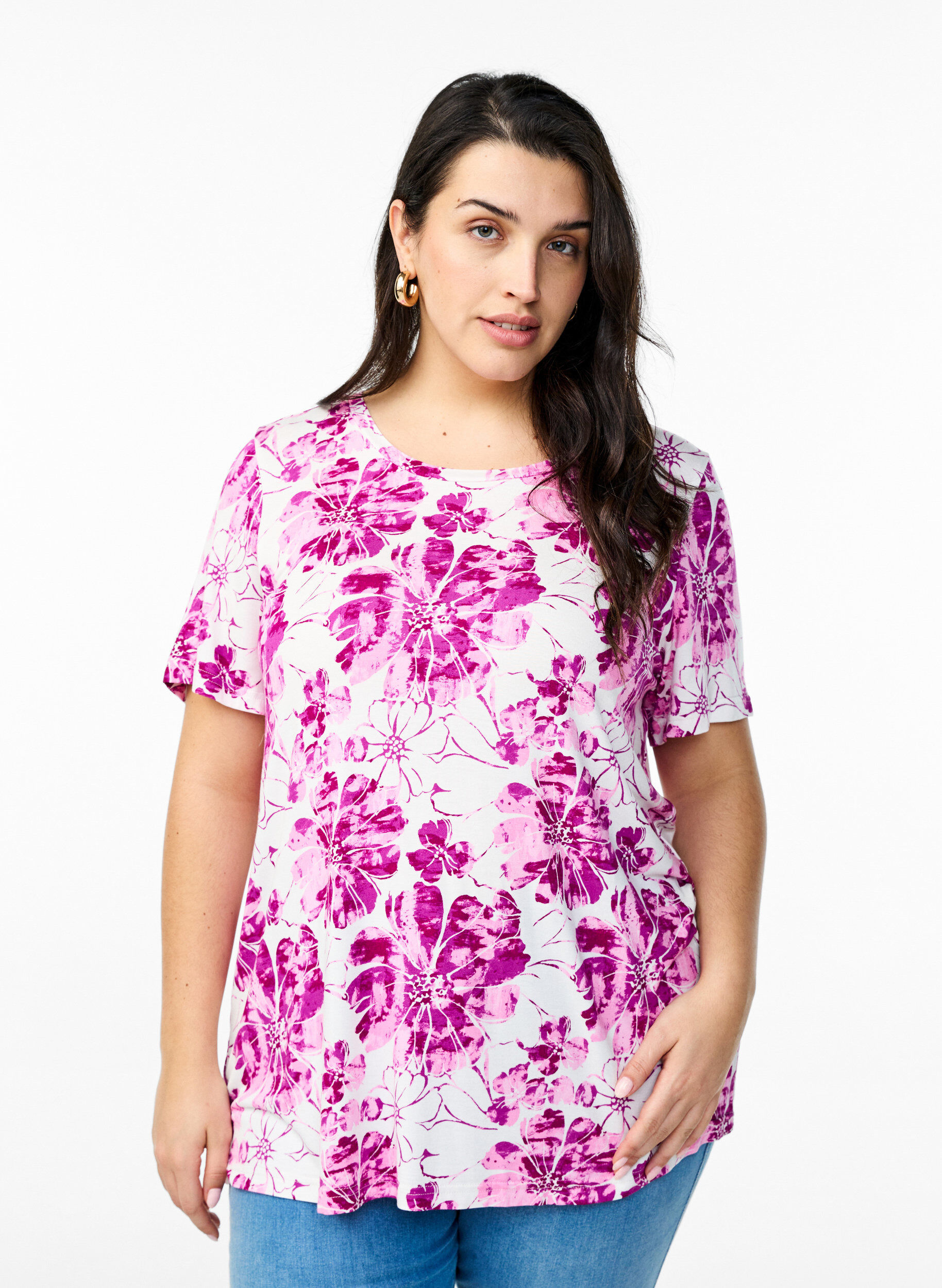 T-shirt met bloemenprint, Roze, Model