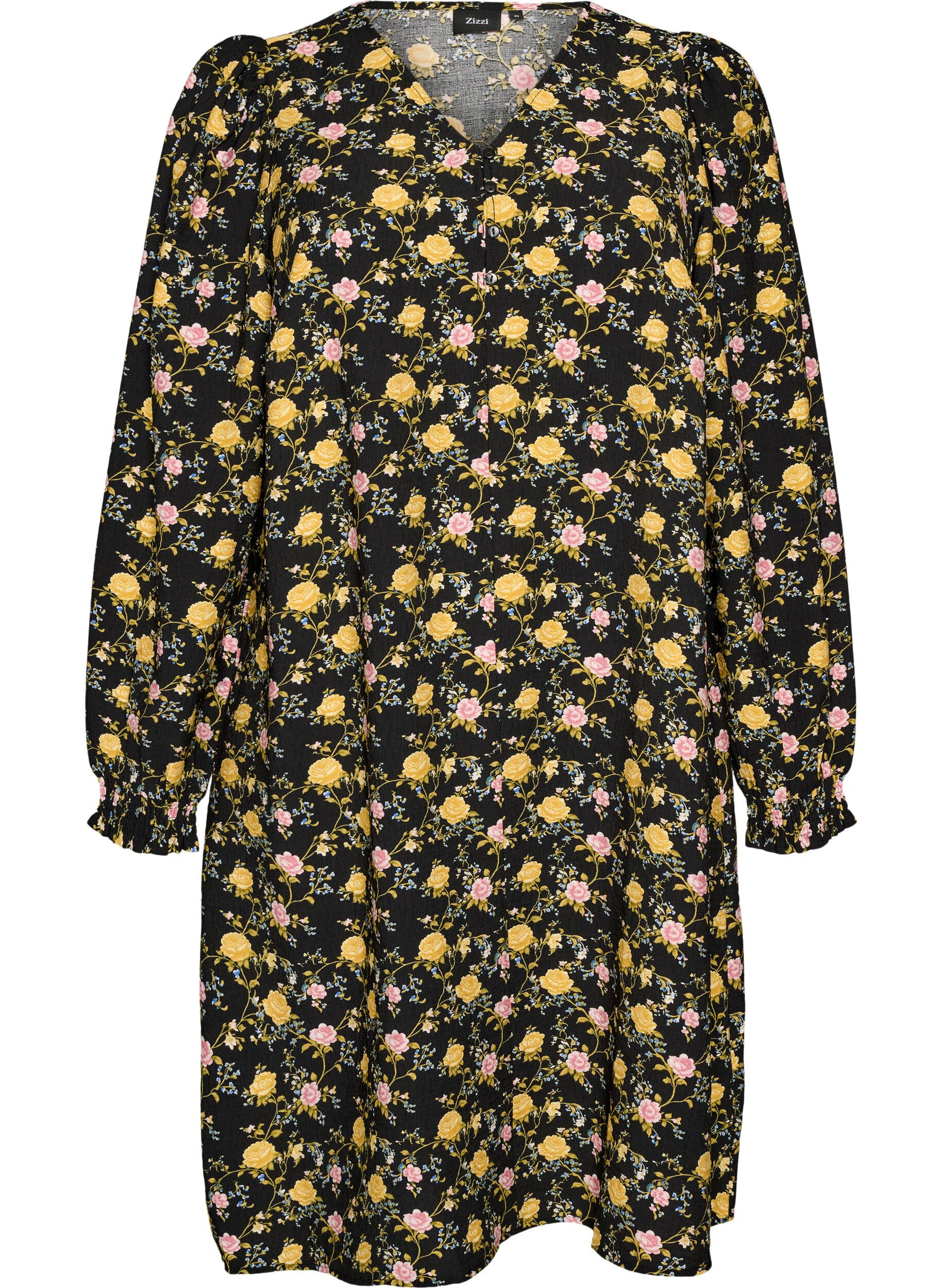 ZizziJurk van viscose met patroon en lange mouwen, Zwart, Packshot image number 0