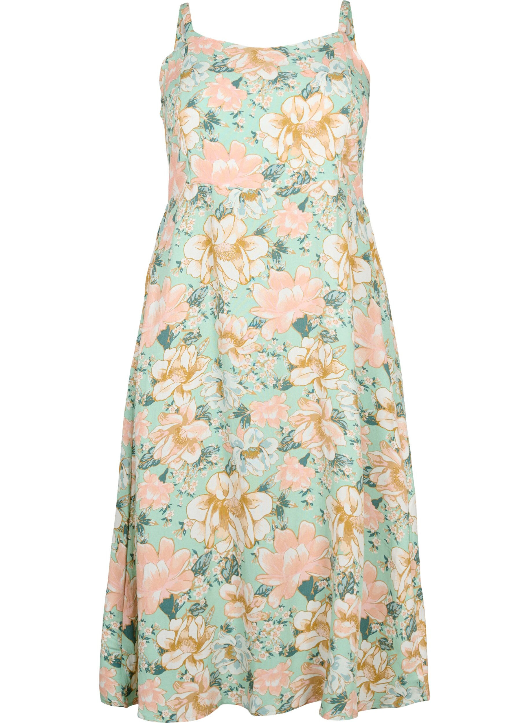 Zizzi Gebloemde viscose strappy jurk met smock, Green Flower, Packshot image number 0