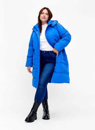 Gewatteerde jas met zakken en capuchon, French Blue, Model image number 2